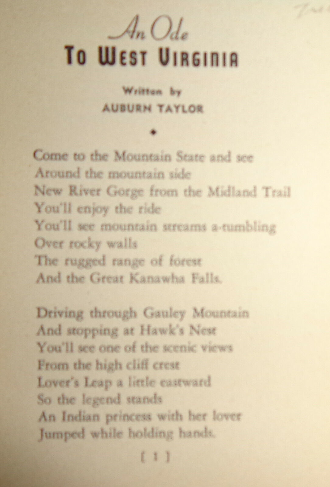 An ode to West Virginia, by Auburn Taylor. 1947. First edition.