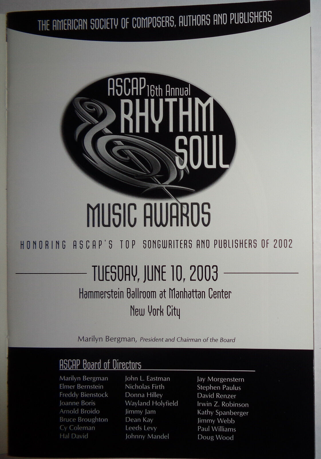 ASCAP'S 16th Annual Rhythm Soul Music Awards 2003 -Souvenir Program & Invitation
