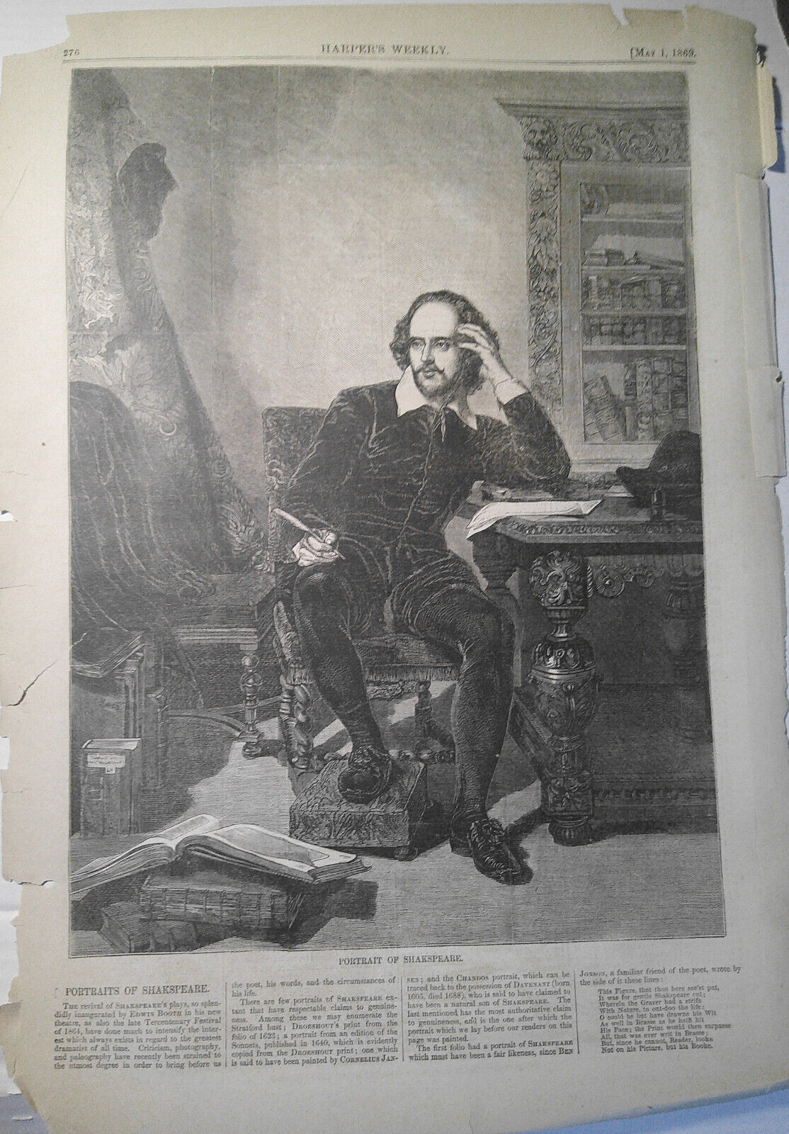 "Portrait Of Shakspeare" - original print from Harper's Weekly, May 1, 1869