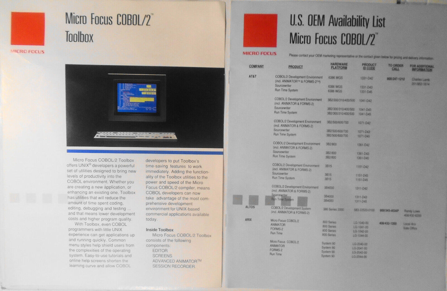 Micro Focus COBOL/2 Toolbox for UNIX developers - 2 Brochures, August 1990