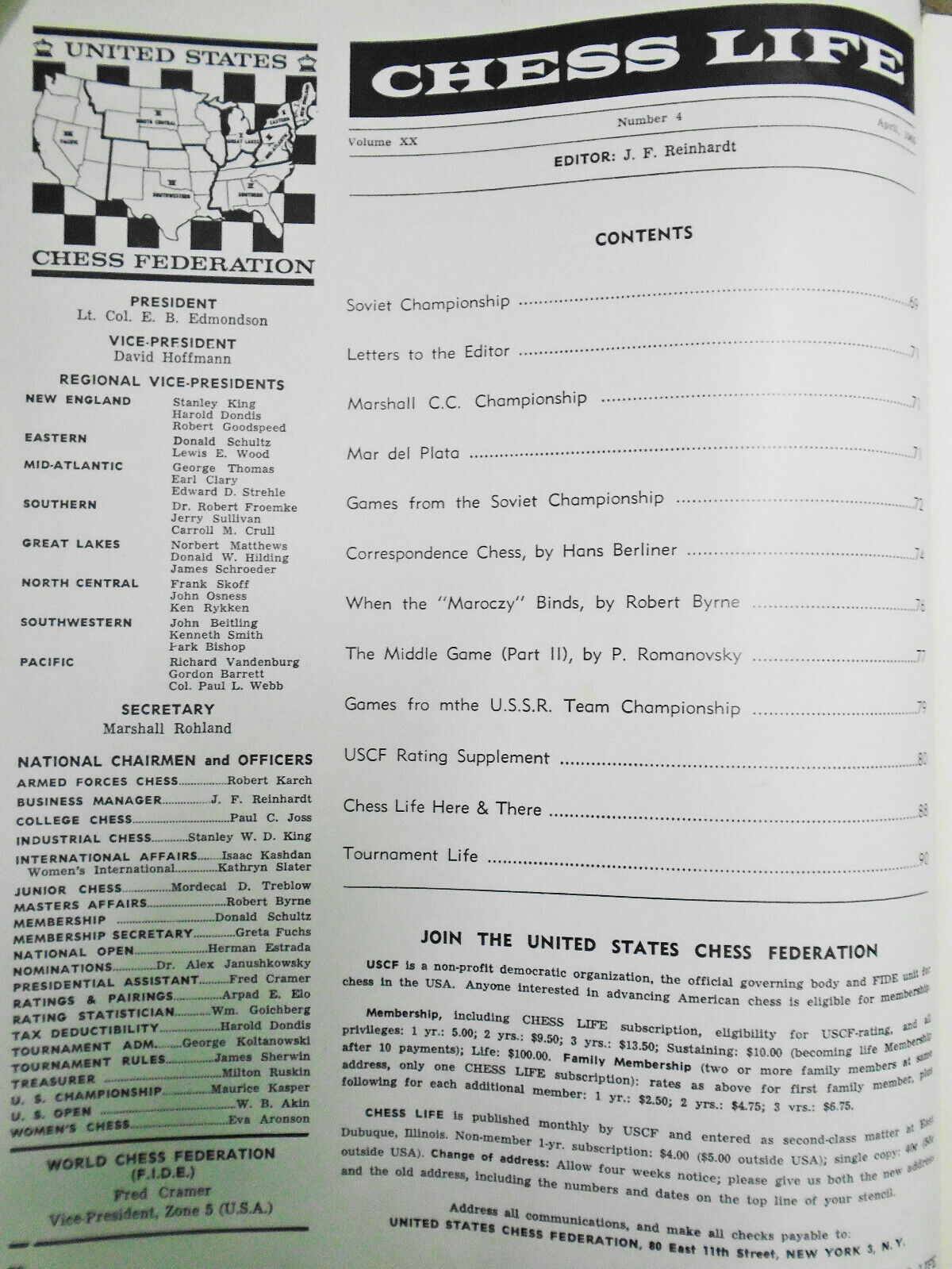 Chess Life, April 1965 - Soviet Championship; Olympiad...