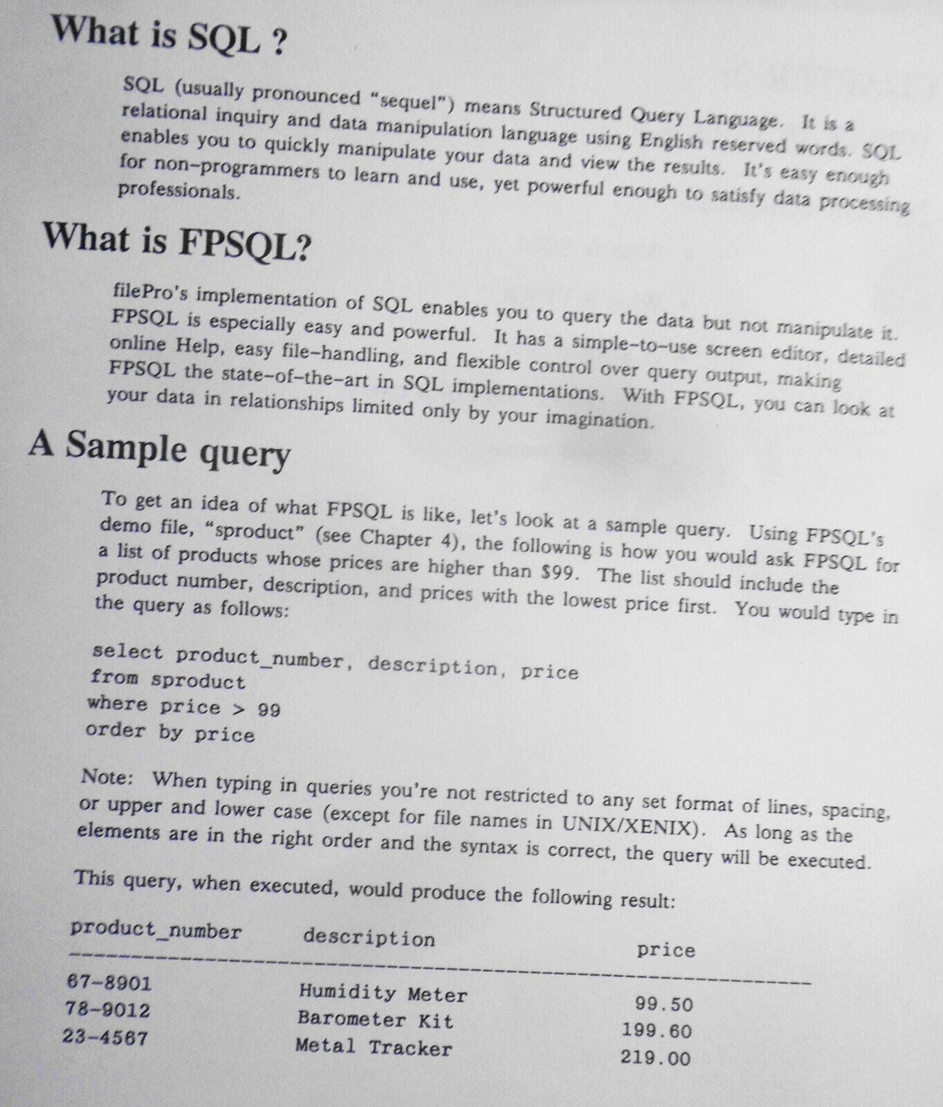 Filepro FPSQL Beta Test Program - Version 00.01.00, 1987 Manual & MSDOS software