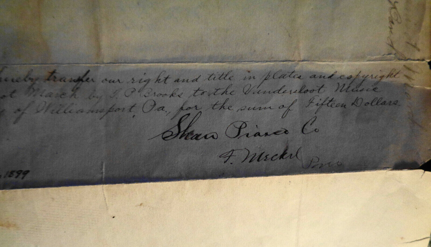 1886 Copyright Certificate for Manisot March by T. P. Brooks, & 1899 transfer