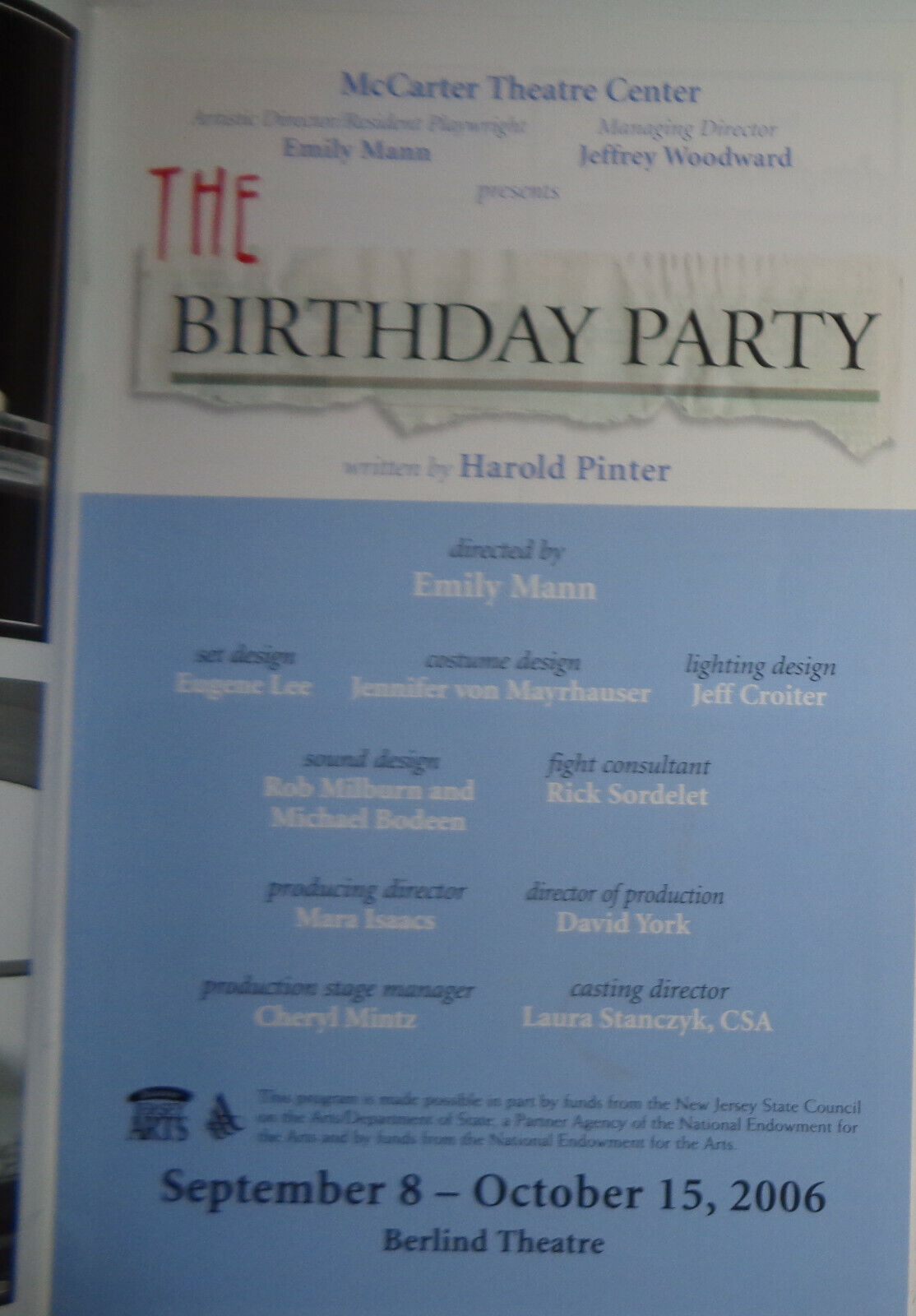 Harold Pinter THE BIRTHDAY PARTY - PROGRAM - 2006 McCarter Theatre Center, NJ