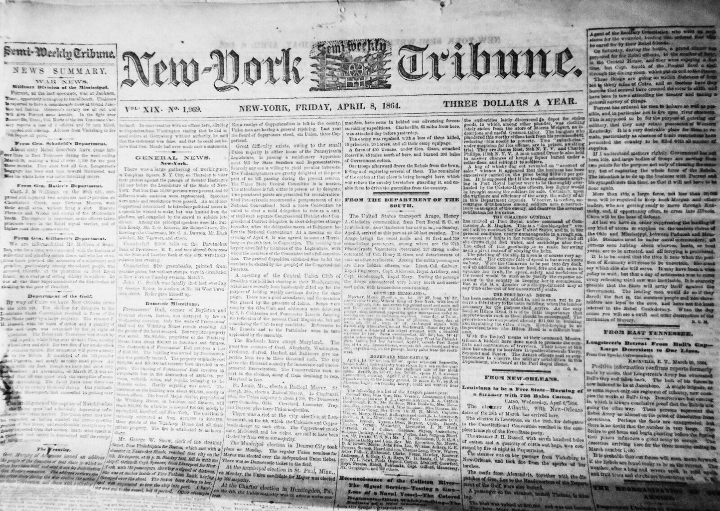 NEW YORK TRIBUNE, April 8, 1864 - Civil War; Irish on Slavery; Metropolitan Fair