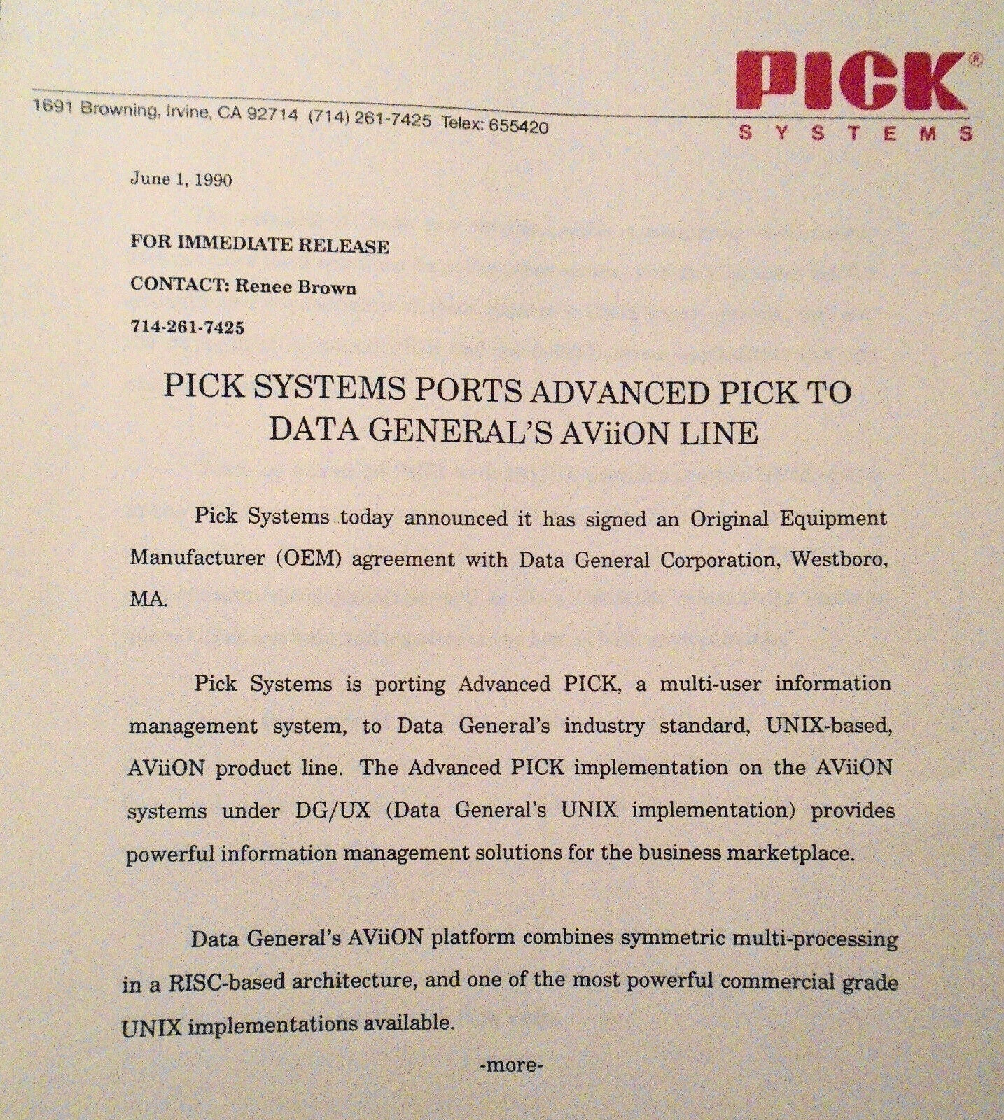 PICK Systems Press Kit - 1990