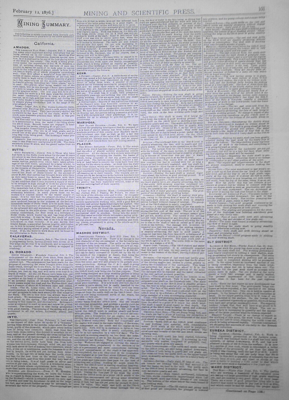 Mining and Scientific Press Feb 12, 1876. Edison's "New Force"; Mining Debris...