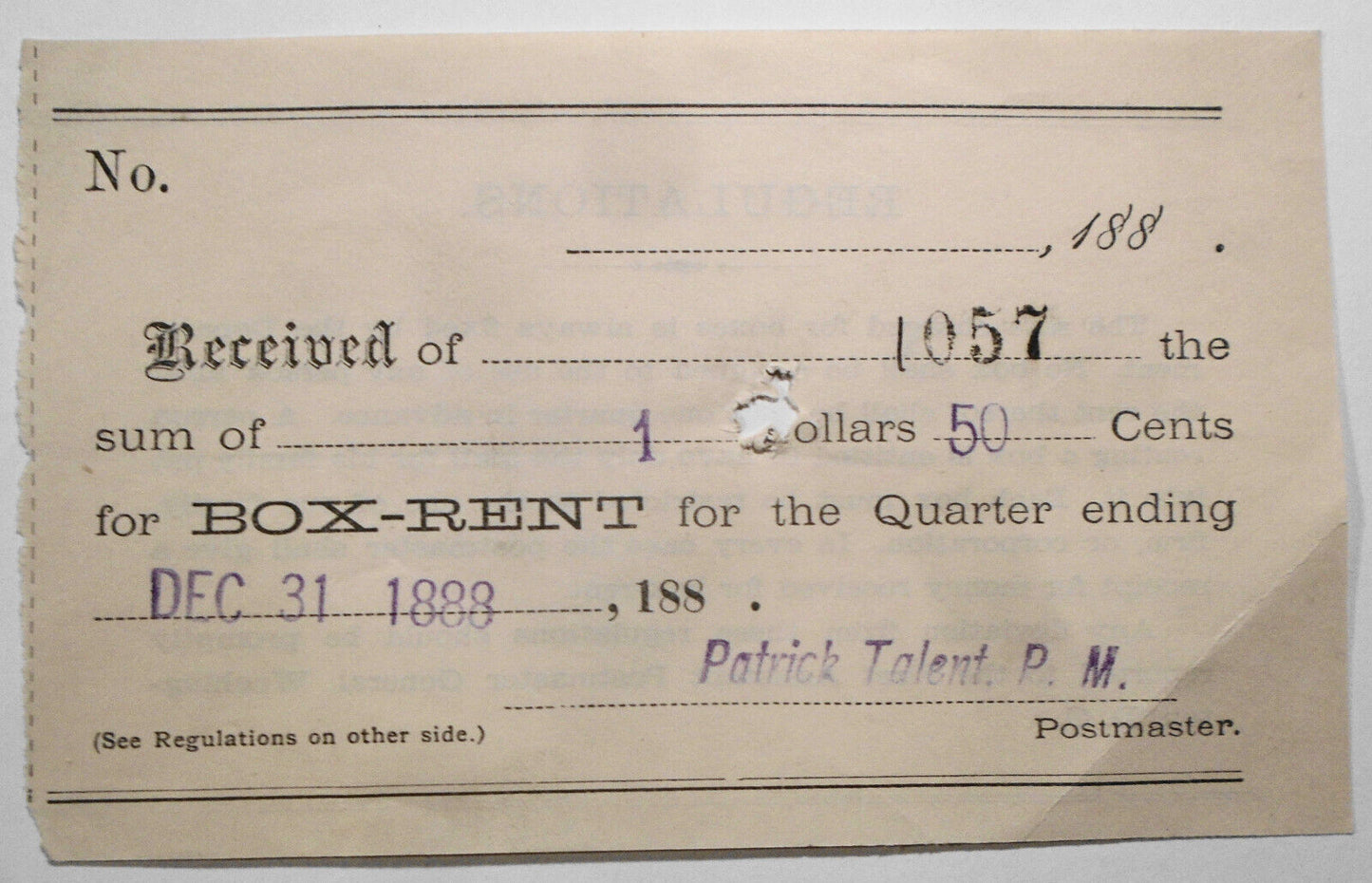 Two Post Office Box-Rent receipts 1888, 1891 - Butte, Montana