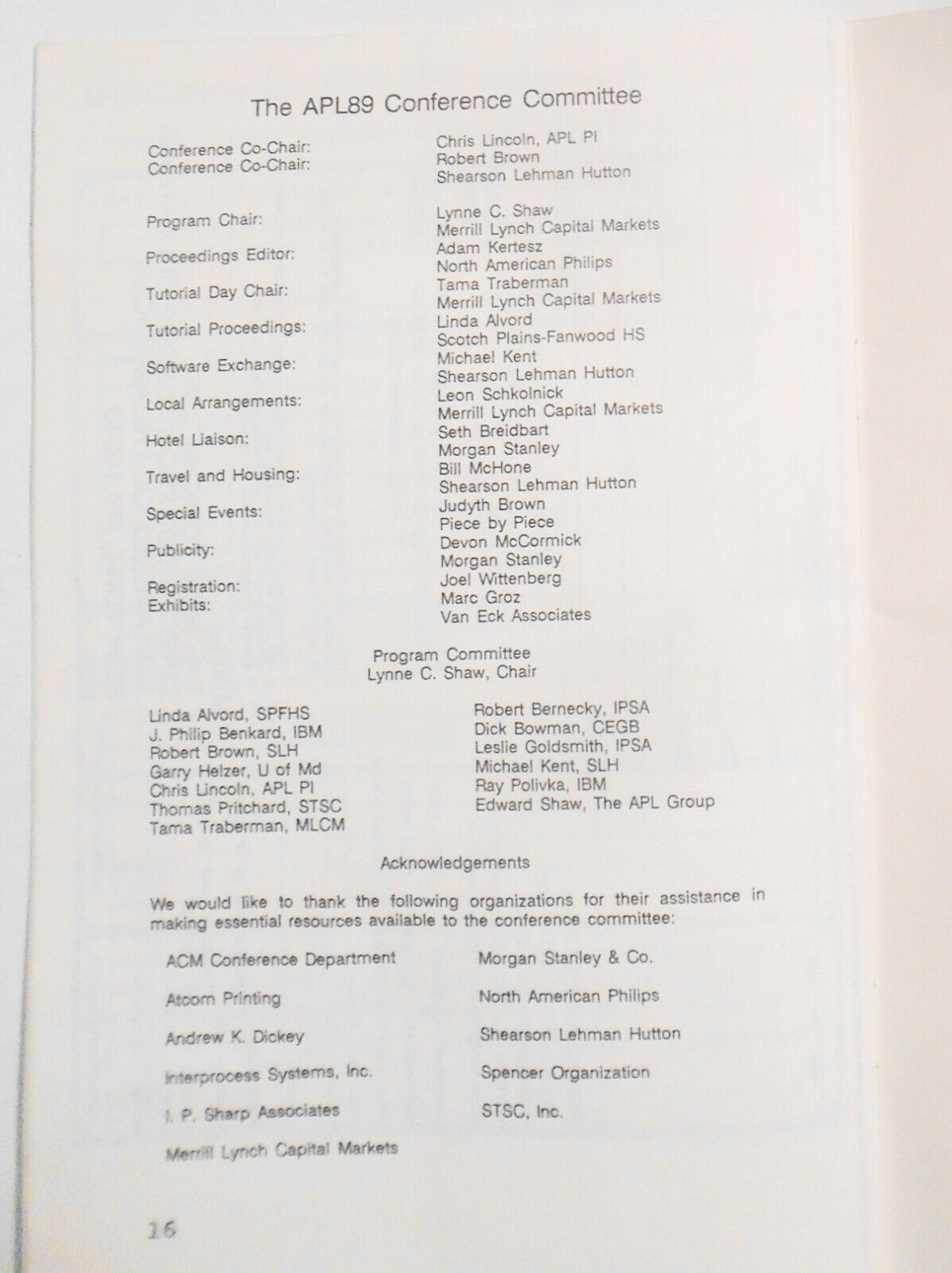 APL89 August 7-10, 1989 New York City, Program - Sponsored by ACM/SIGAPL