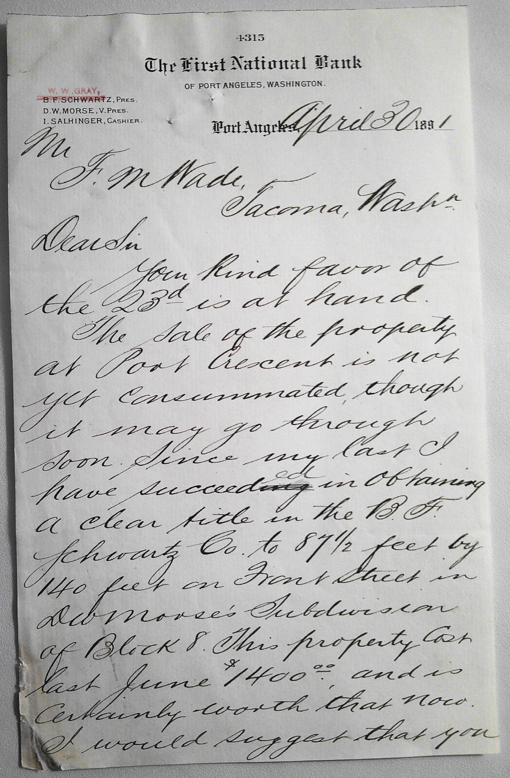 1891 First National Bank, Port Angeles, Washington - on Letterhead note paper