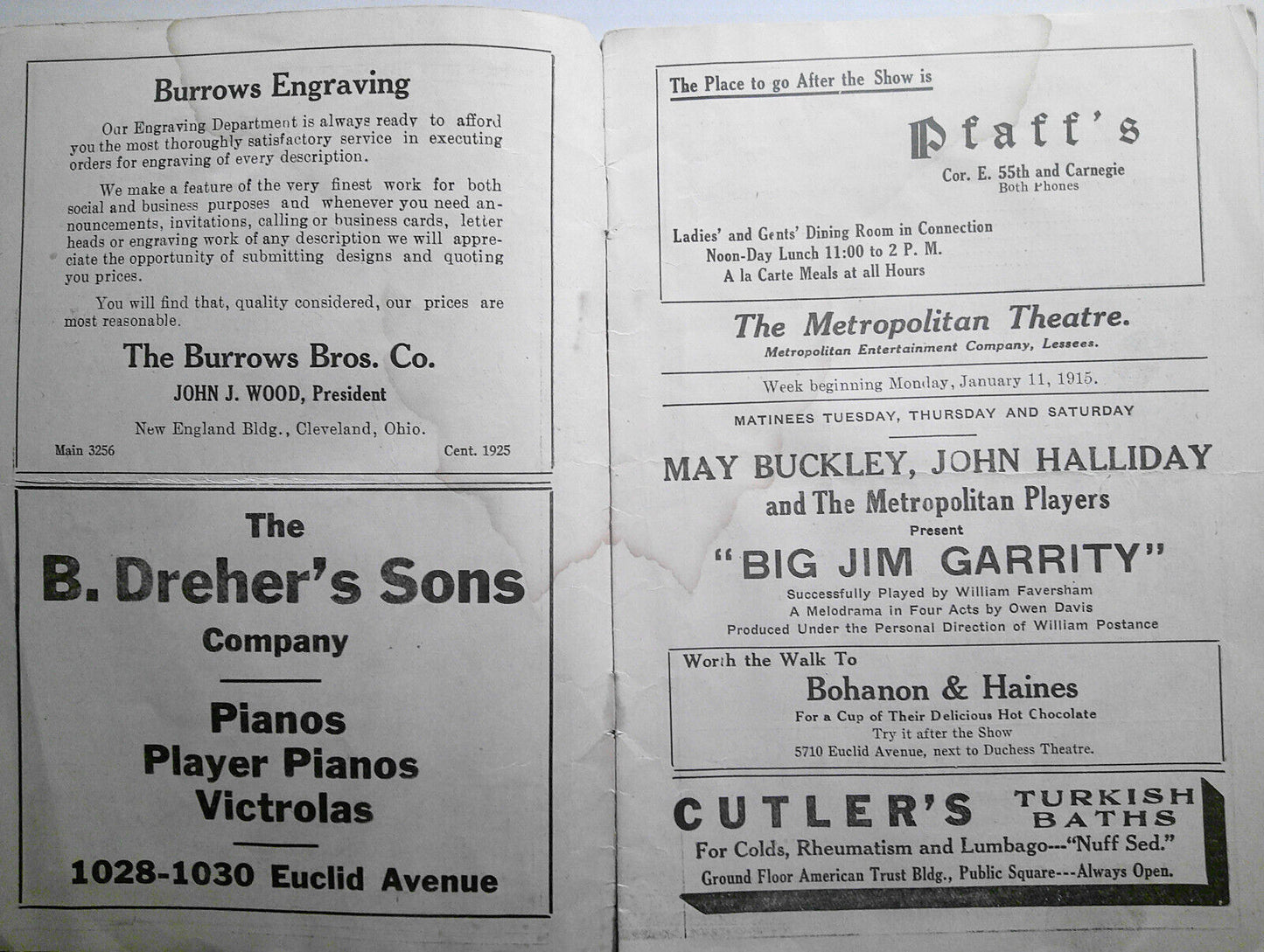 1915 "Big Jim Garrity" souvenir program, Metropolitan Theatre, Cleveland, OH