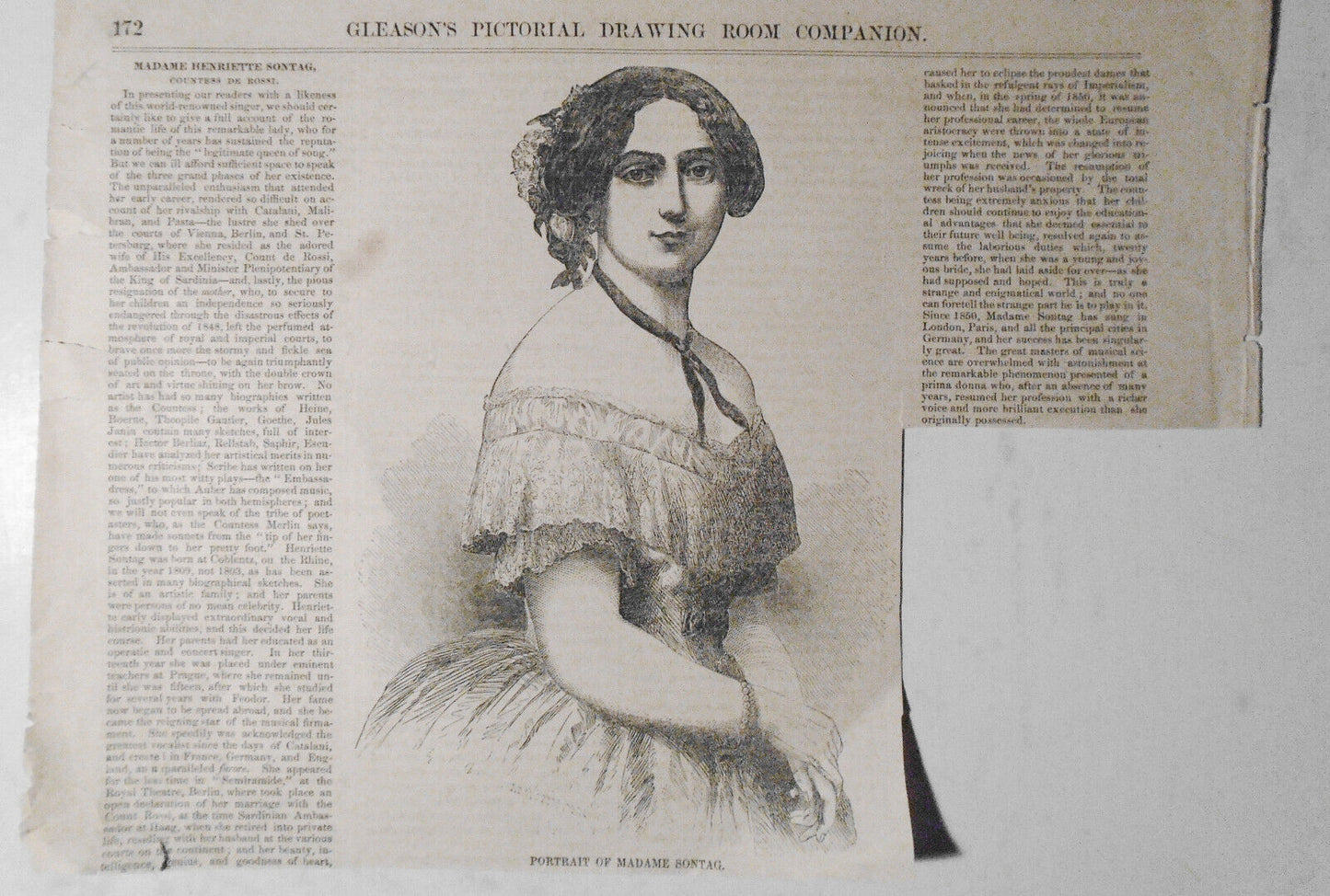 "Portrait Of Madame Sontag" - 1852 - Gleason's Pictorial, 1852.