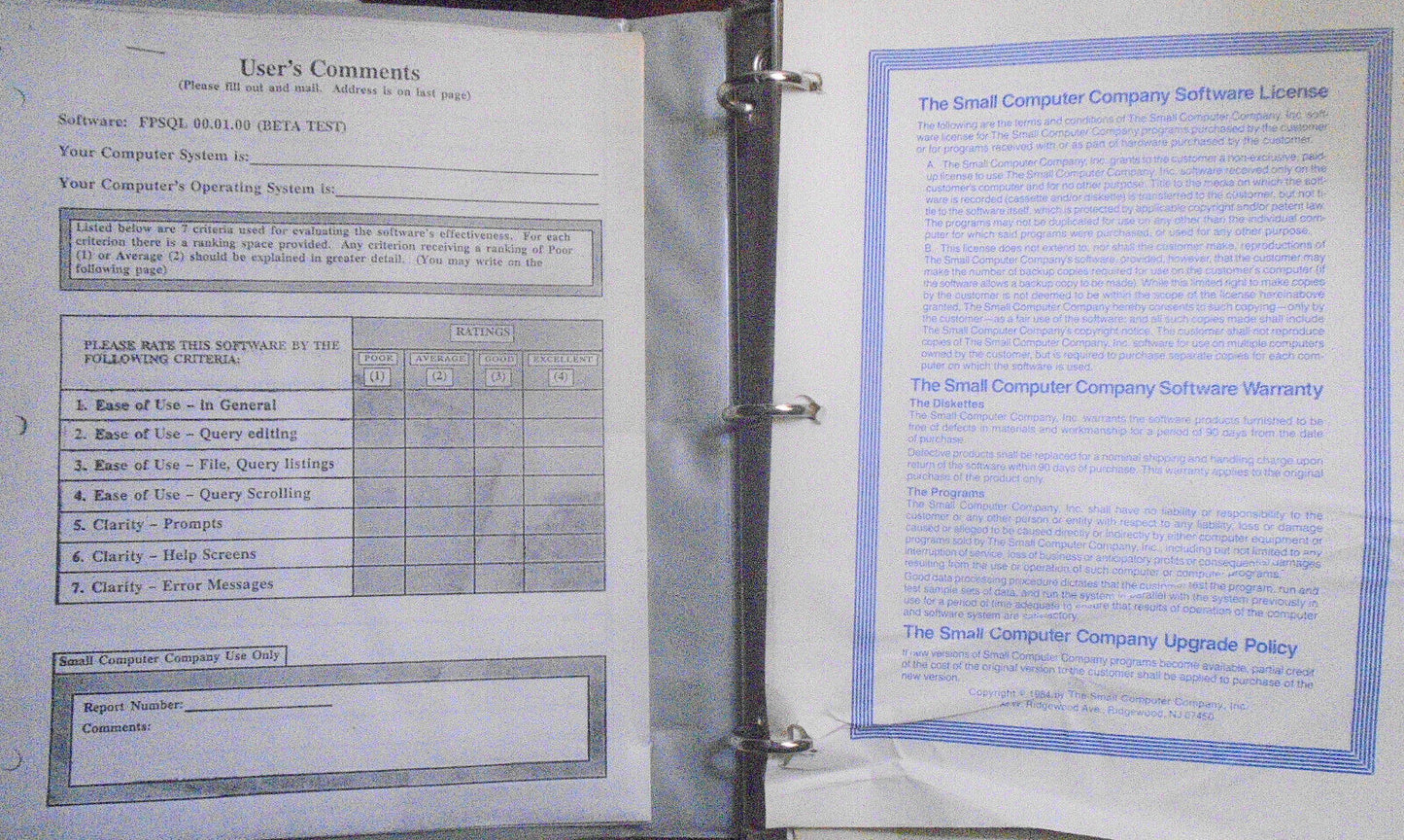 Filepro FPSQL Beta Test Program - Version 00.01.00, 1987 Manual & MSDOS software