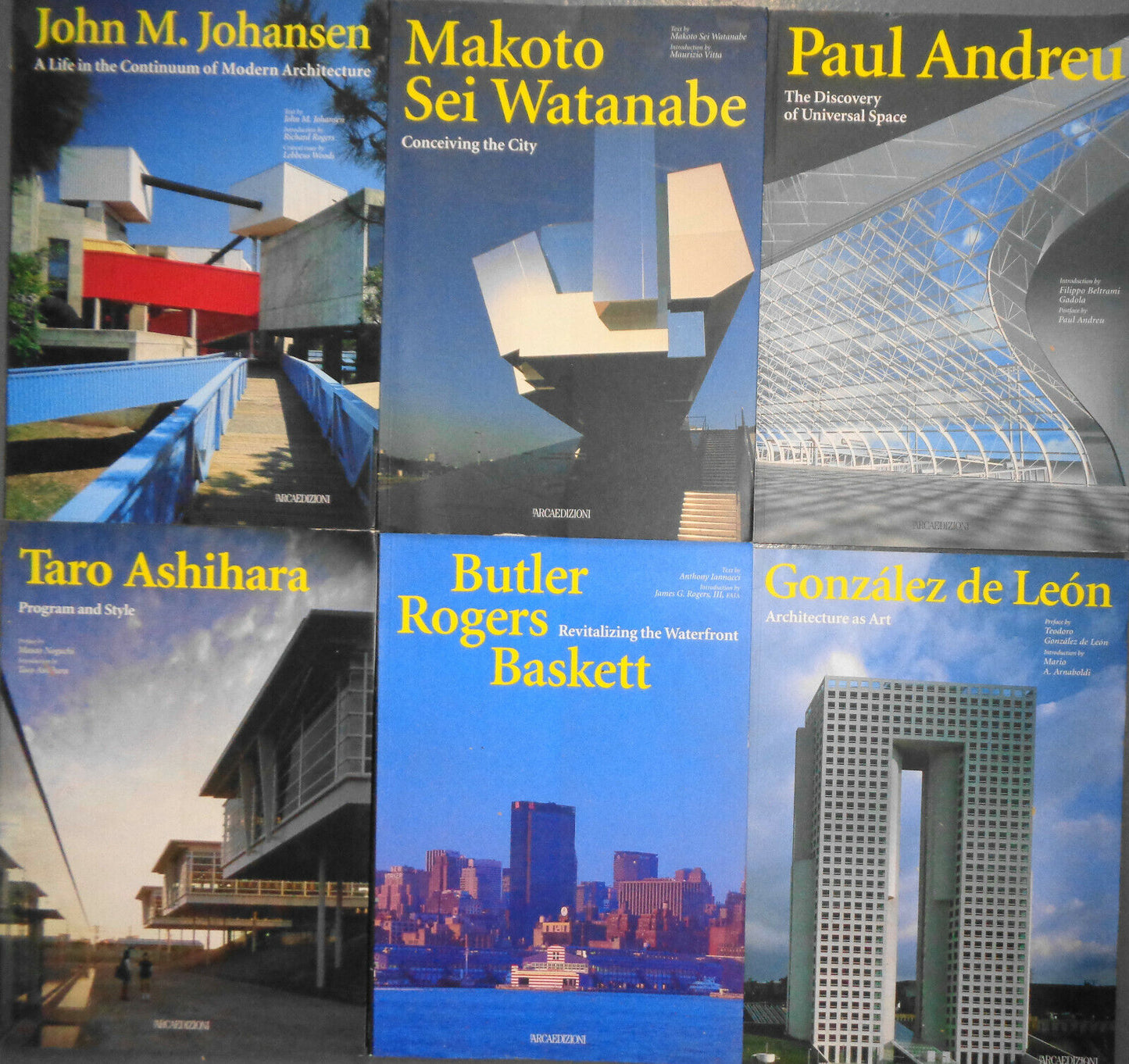 6 Architecture books: Johansen, Watanabe, Andreu, Ashihara, de Leon, Butler Roge