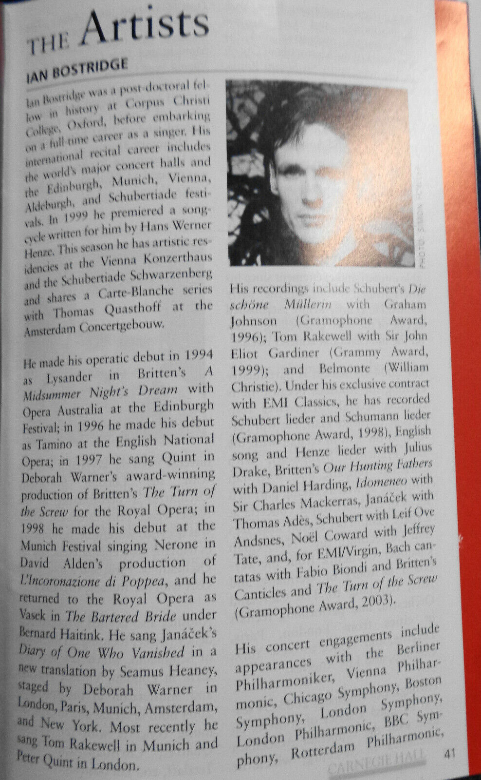 IAN BOSTRIDGE, TENOR - LEIF OVE ANDSNES - PLAYBILL - October 2004 Carnegie Hall