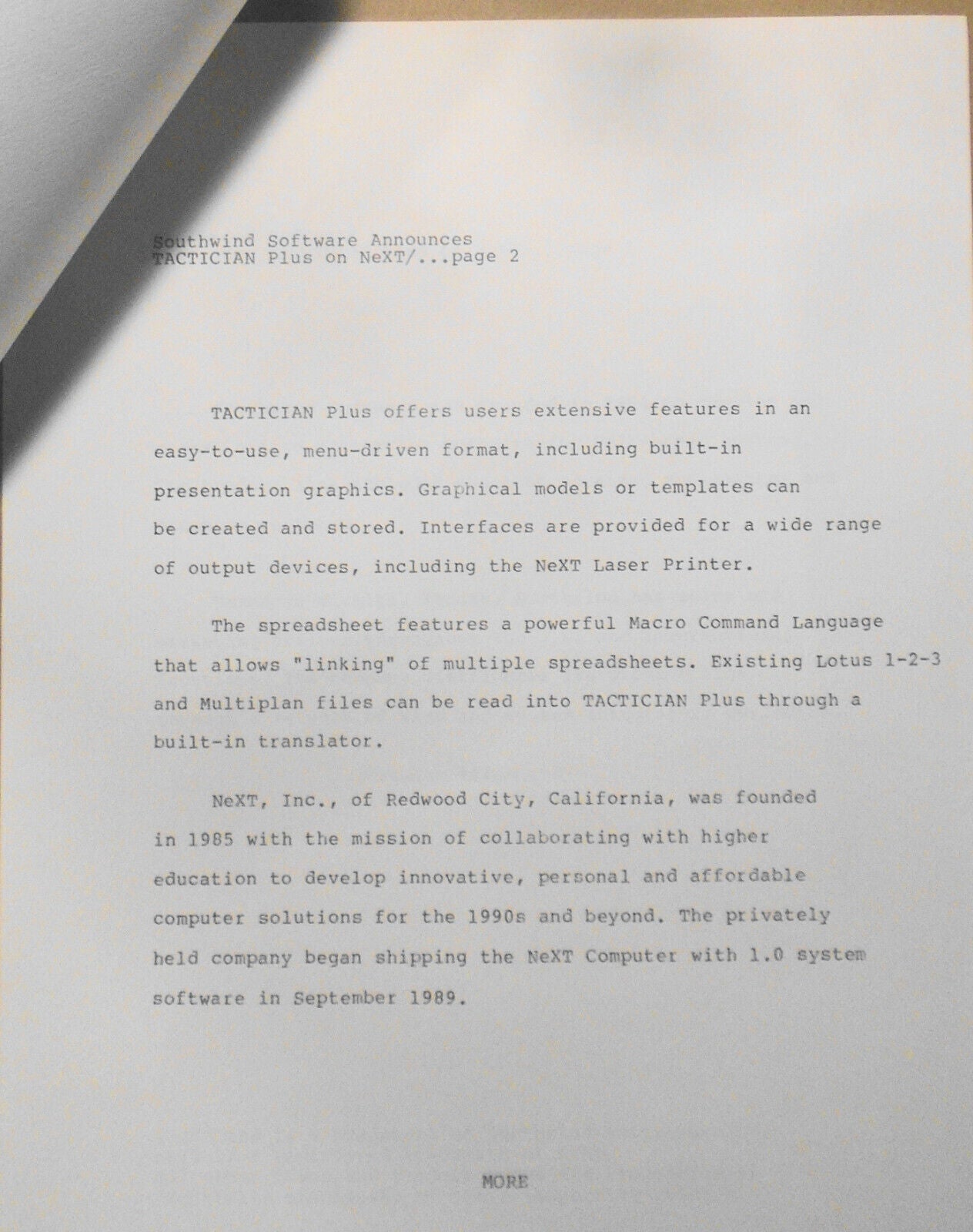 Tactician Plus - first spreadsheet for NeXT Computer - Promo literature, 1989