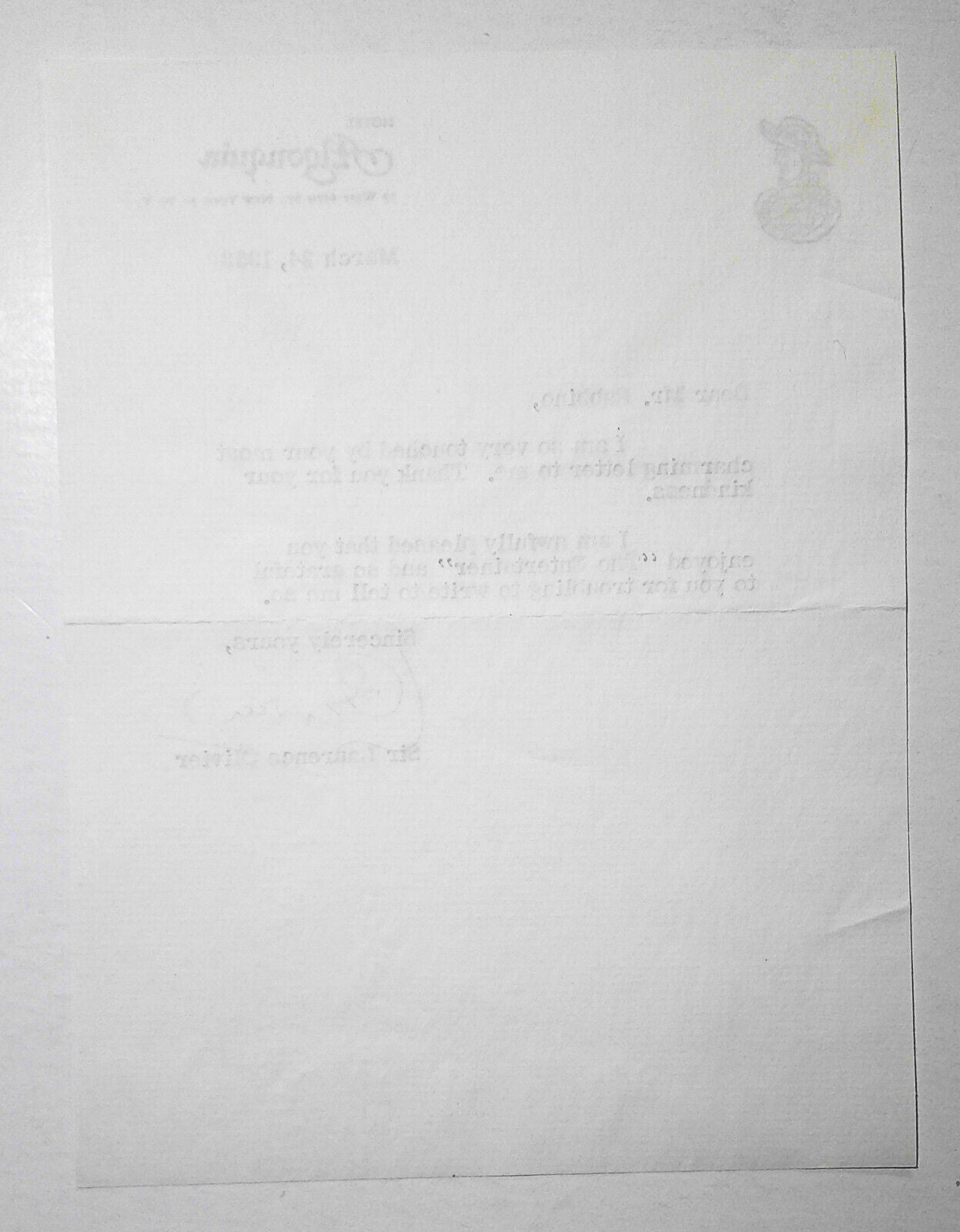 Sir Laurence Olivier Signed letter, 1958, with envelope, Algonquin Hotel, NYC.