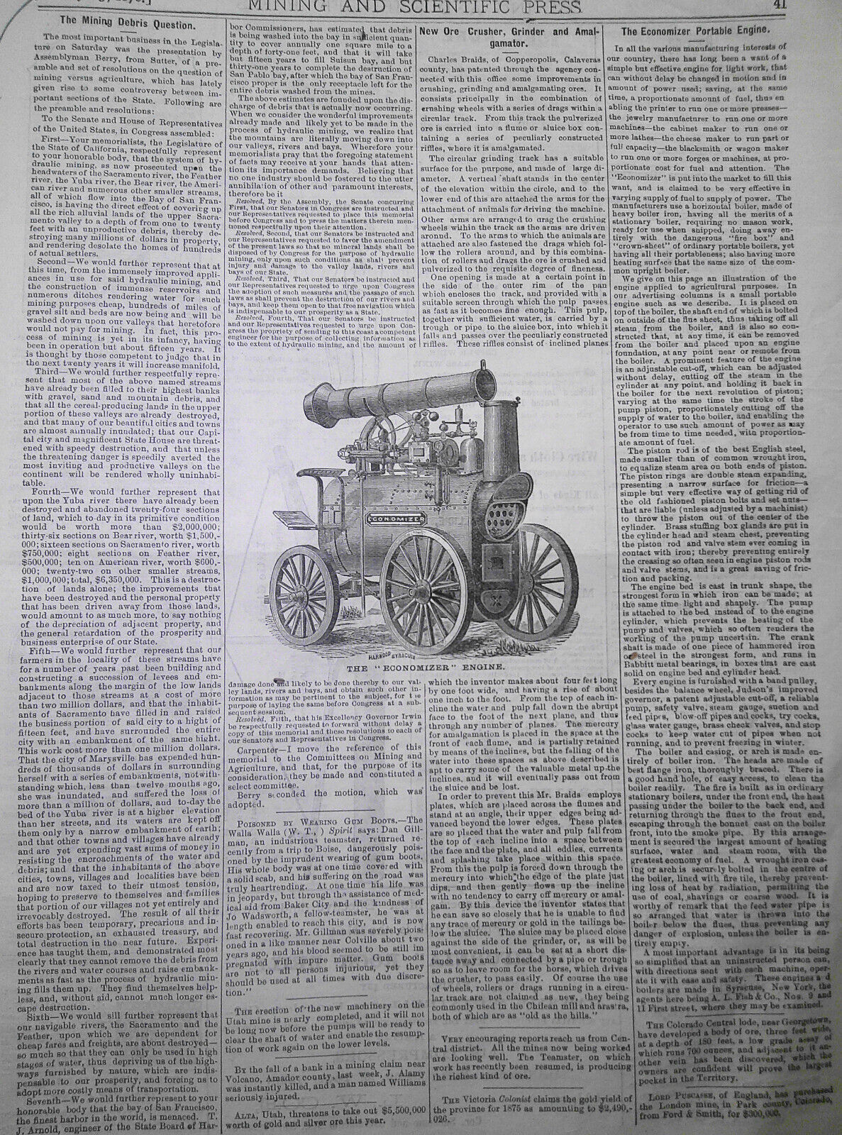 Mining and Scientific Press January 15, 1876. Yellowstone Lake; Colorado Bullion