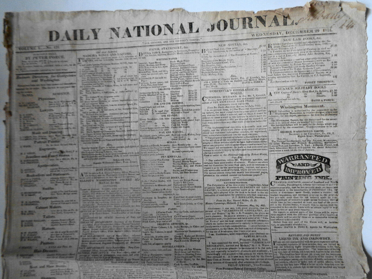 DAILY NATIONAL JOURNAL 1824 -DeWitt Clinton's copy. With Thomas Jefferson letter