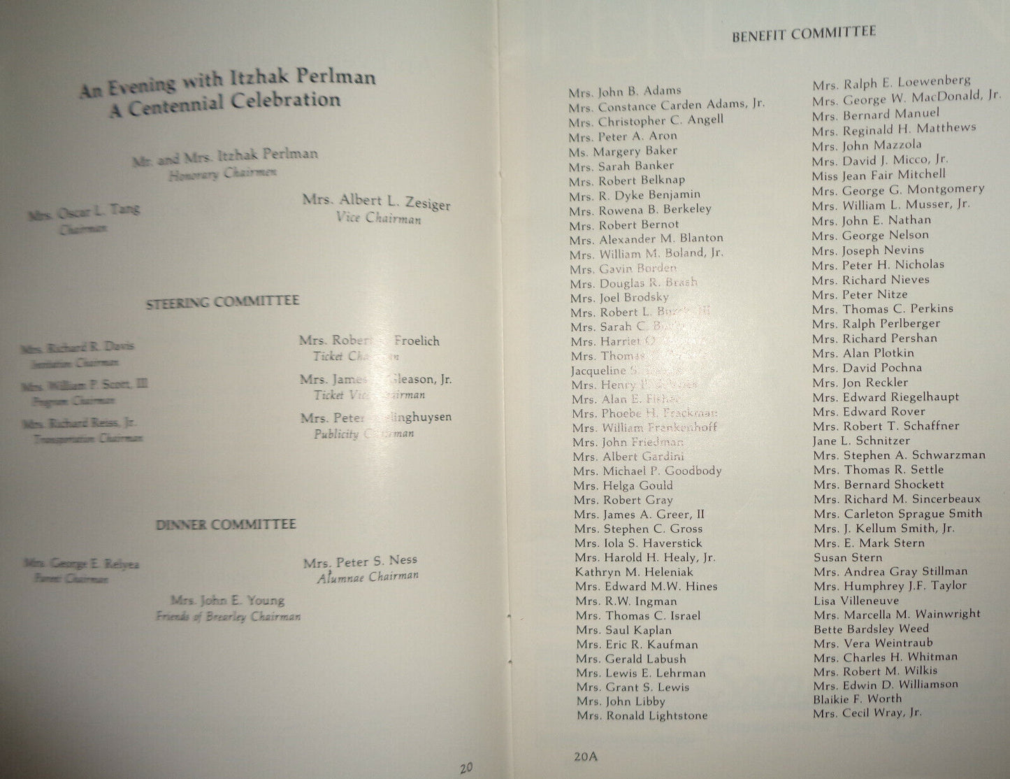 ITZHAK PERLMAN, A CENTENNIAL CELEBRATION CARNEGIE HALL STAGEBILL - DECEMBER 1984