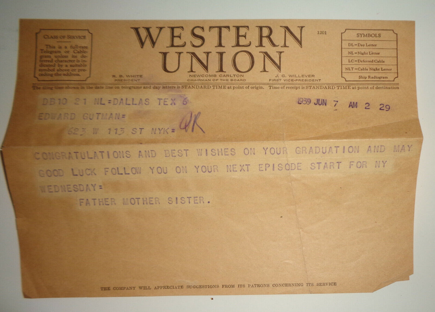 1939 COLUMBIA UNIVERSITY Commencement Ticket + 2 WESTERN UNION Telegram Congrats