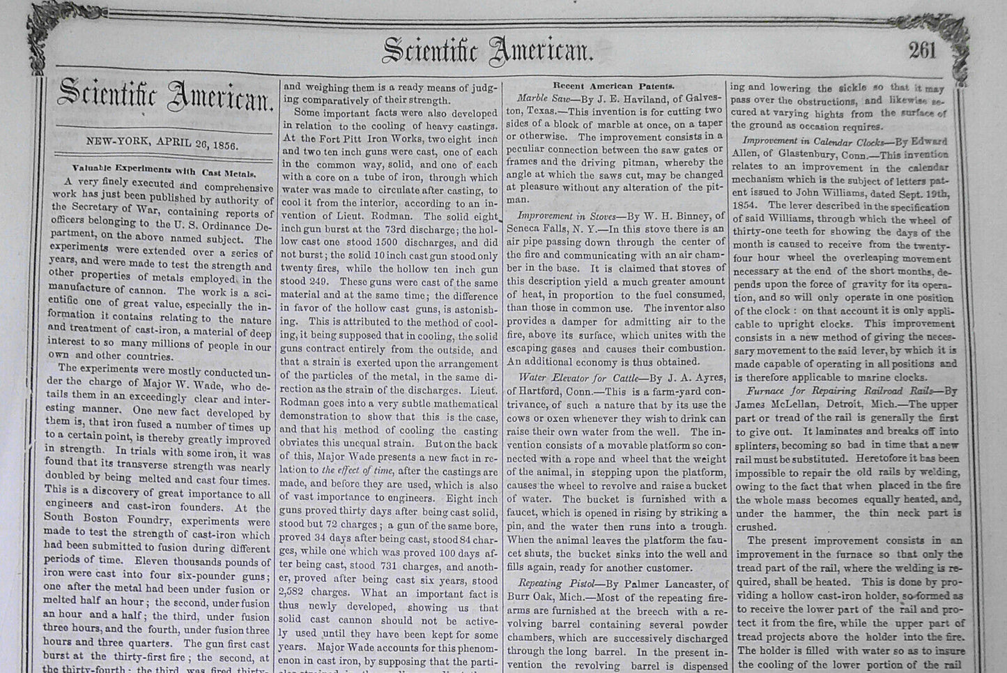 Scientific American, April 26, 1856. Steel composition; weighing scales, etc.