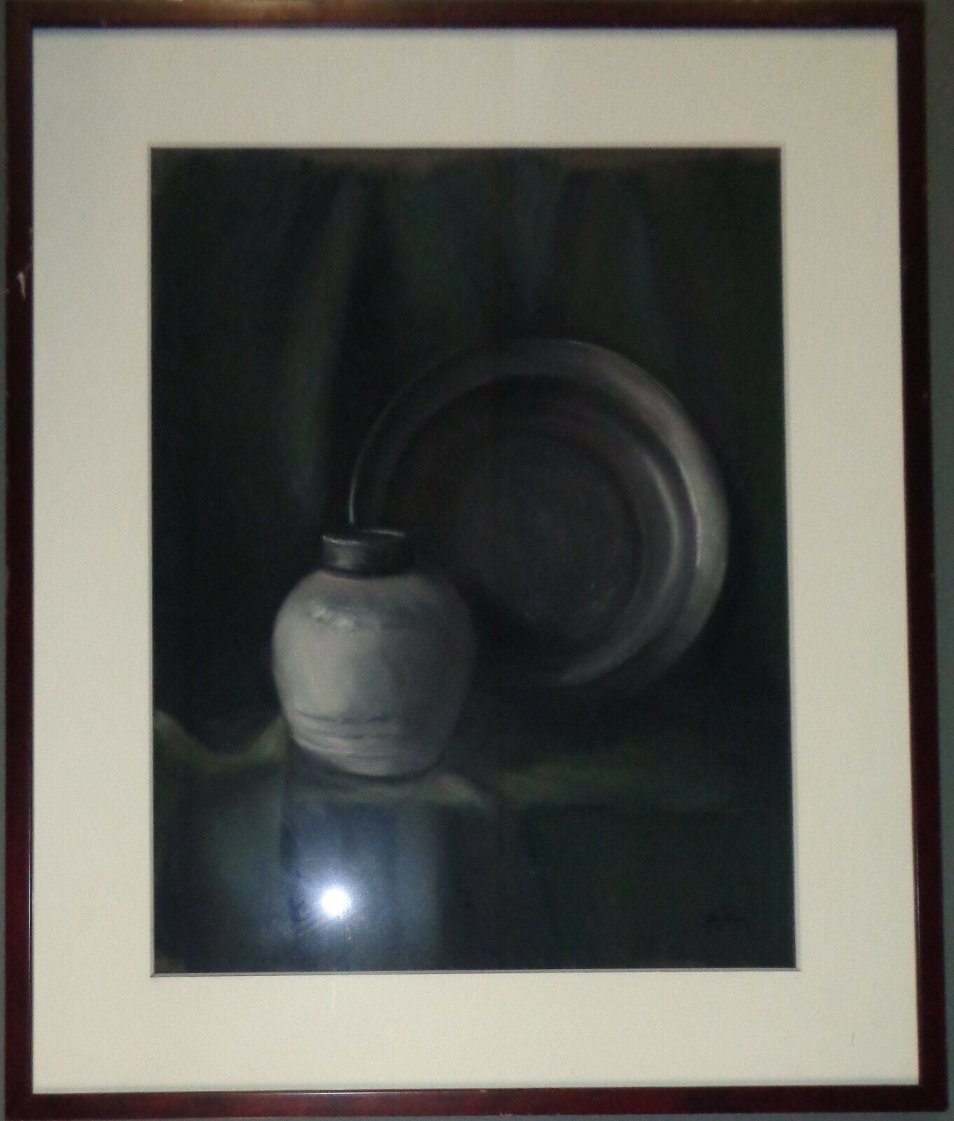 Bo Kass : Urn & tarnished silver plate, pastel drawing - Signed original, framed
