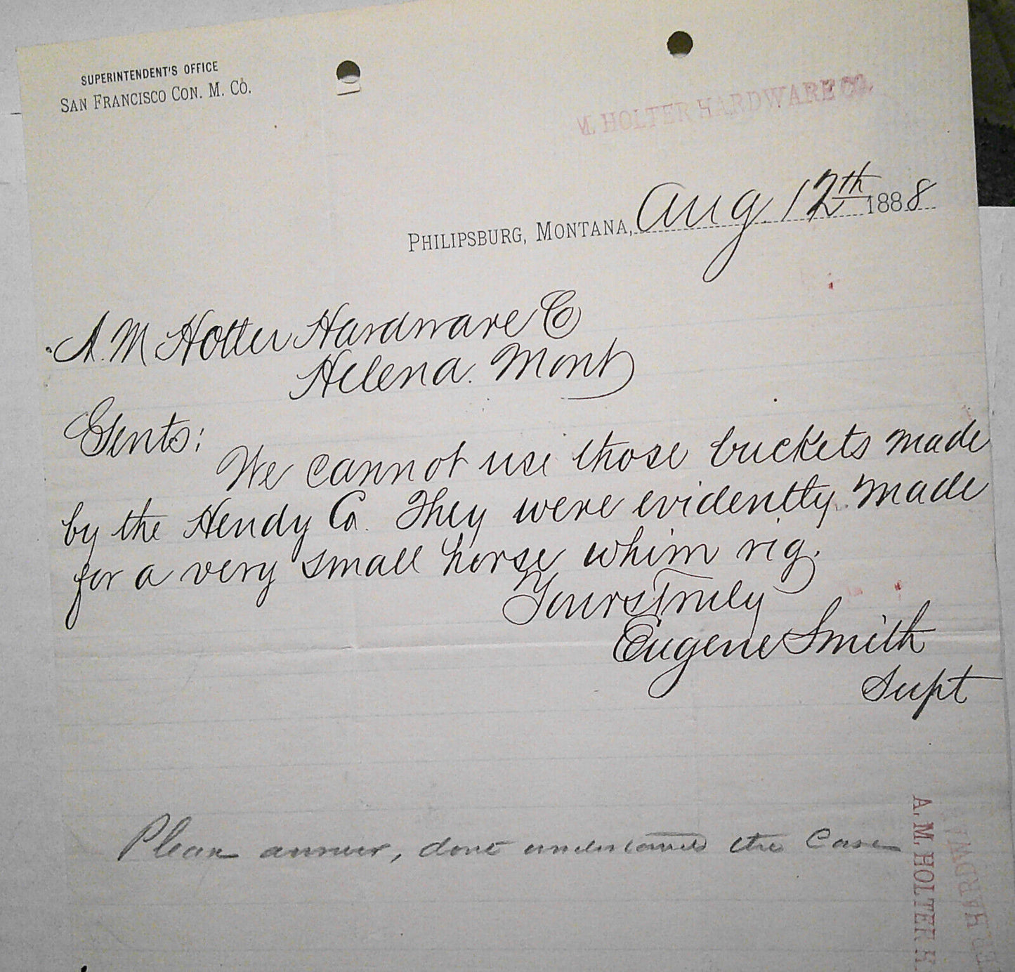 1888 Letter - San Francisco Consolidated Mining Co., Philipsburg MT