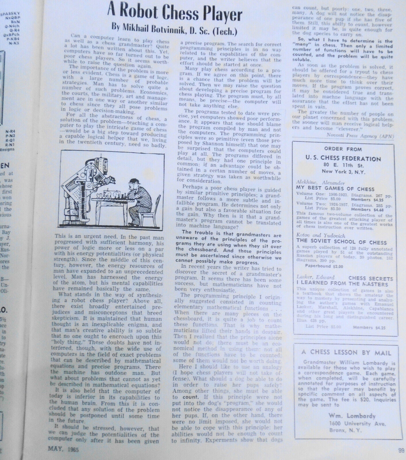 Chess Life, May 1965 - Botvinnik: Robot Chess Player, Mar del Plata, etc.