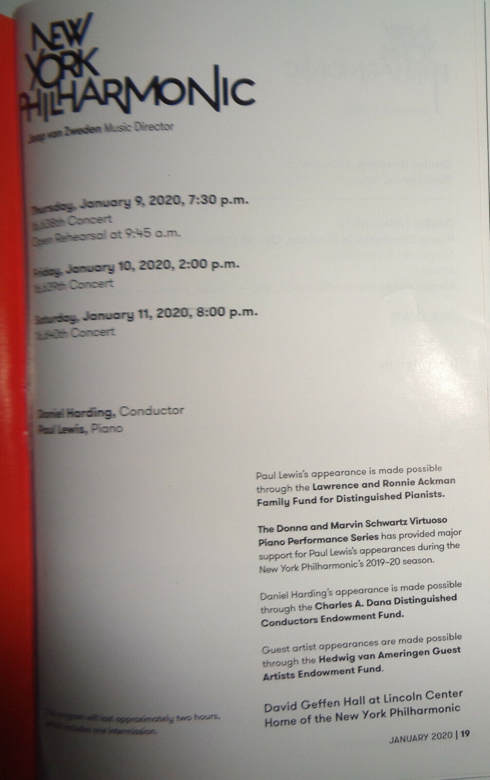 NEW YORK PHILHARMONIC PLAYBILL Jan 2020 Daniel Harding conductor Paul Lewis pian