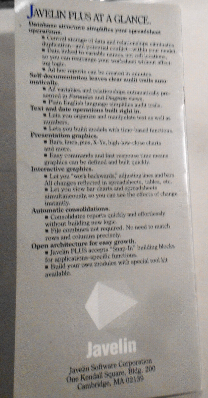Javelin Plus spreadsheet / database promo brochure, 1980s. For IBM PCs