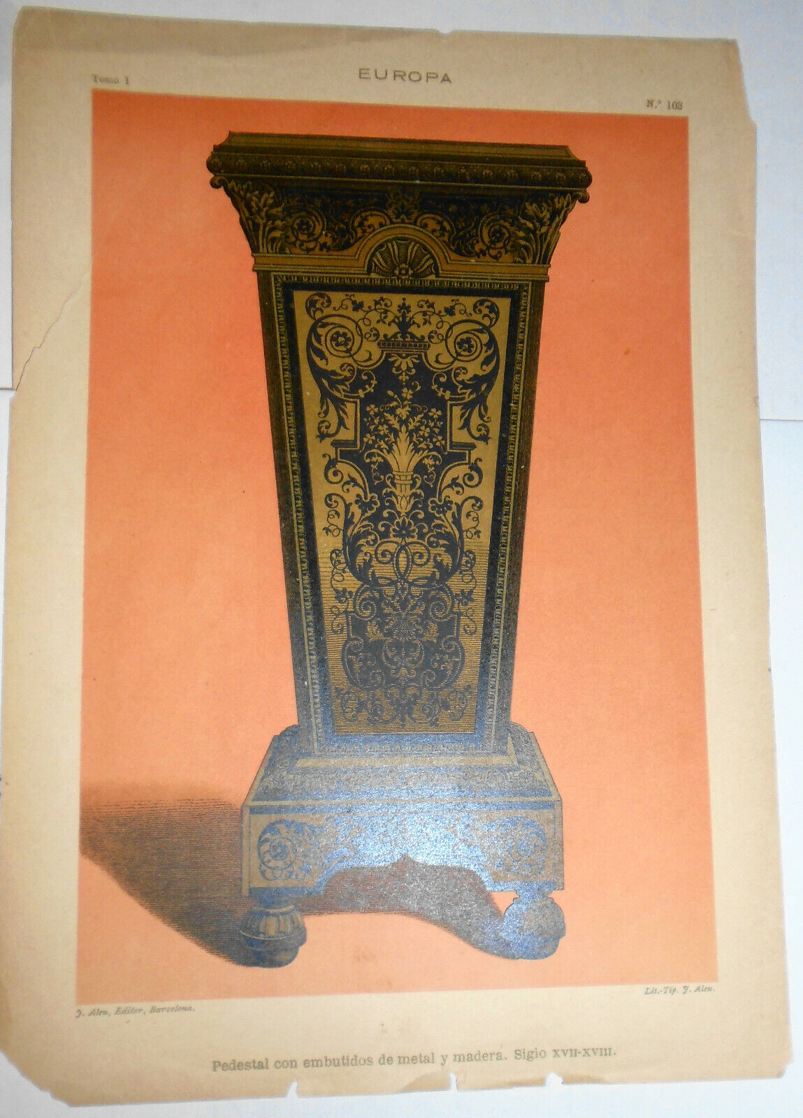 EUROPA - 3 antique furniture lithographs lot circa 1890 by J. Aleu, Barcelona.