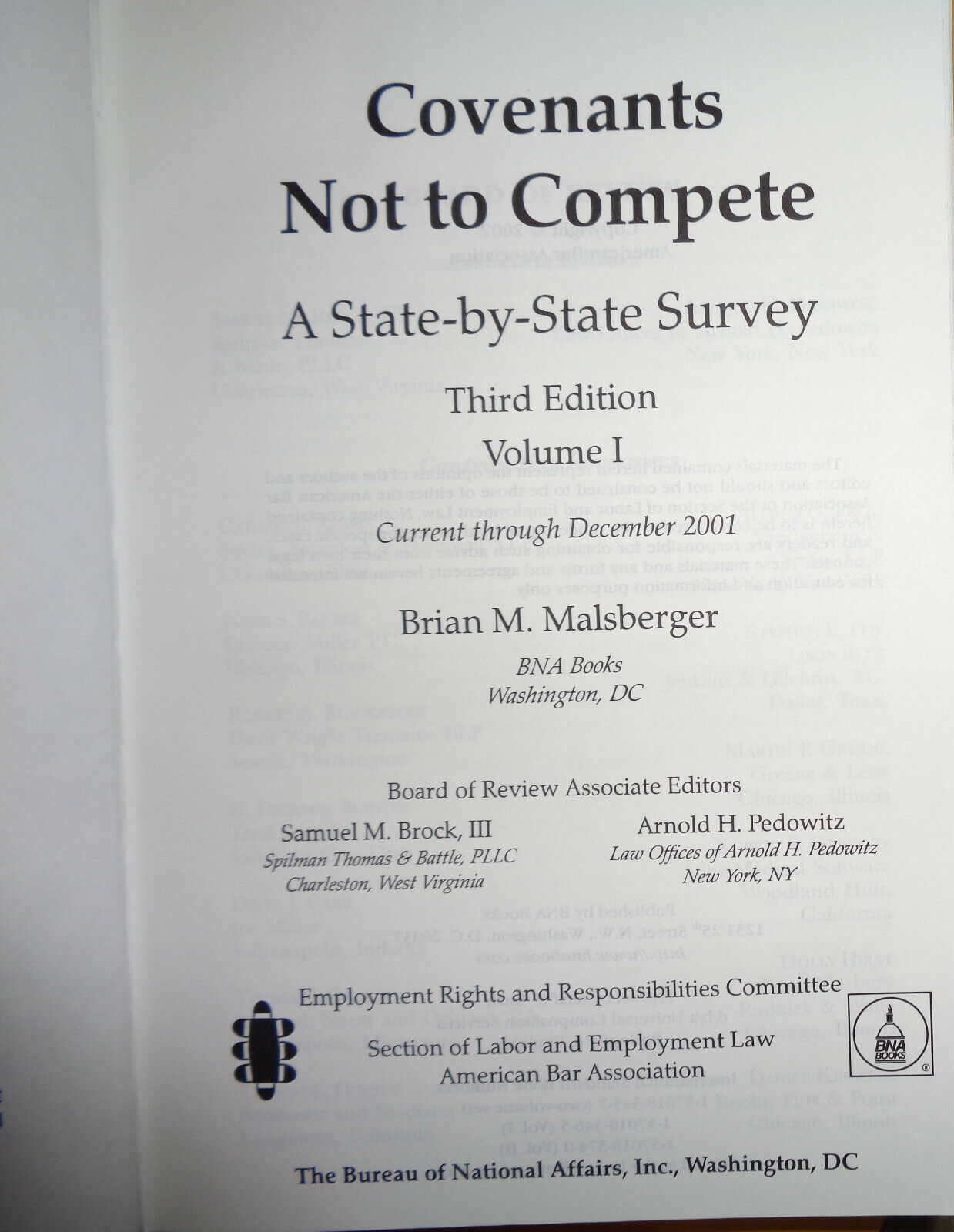 Covenants Not to Compete: A State-by-State Survey by Malsberger 3rd Ed 2002 2Vol
