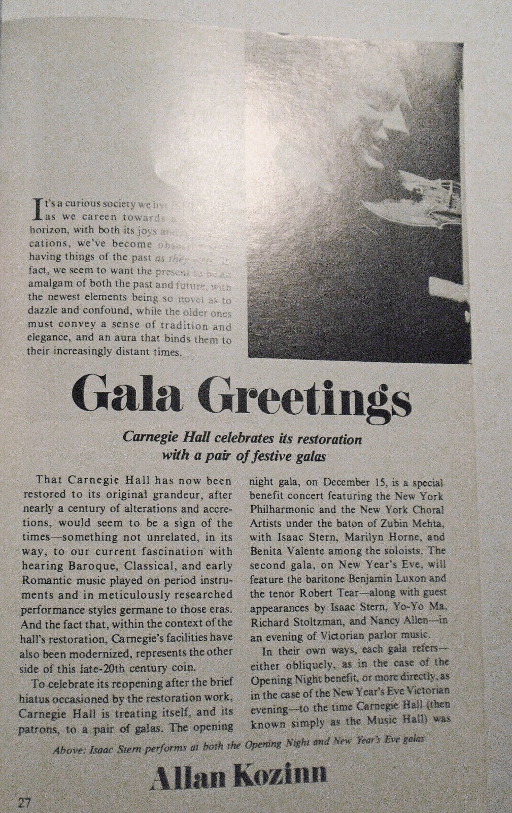 Carnegie Hall Gala Reopening Stagebill 1986: Mehta Horne Sinatra Stern Duchin..