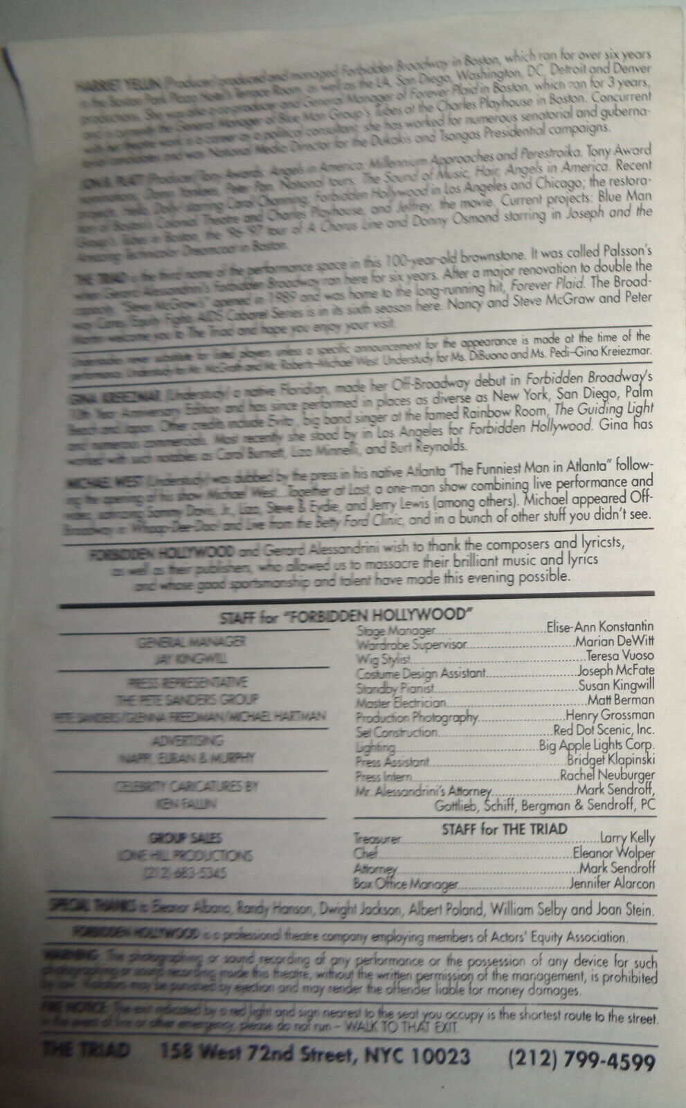 FORBIDDEN HOLLYWOOD by Gerard Alessandrini - PROGRAM - 1996 - The Triad, NYC