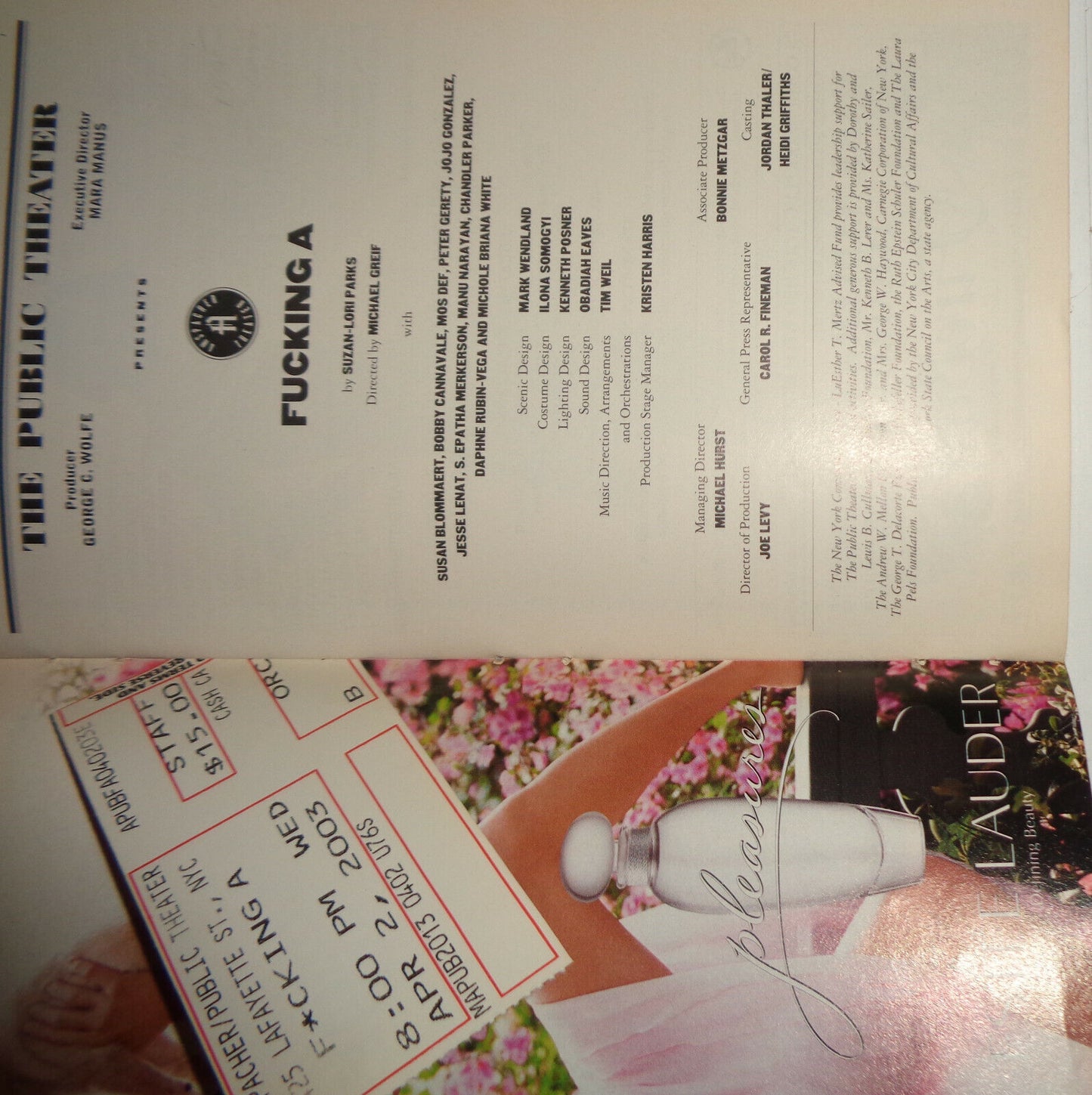F*CKING A - PLAYBILL - MARCH 2001 - PUBLIC THEATER, NYC - With ticket stub