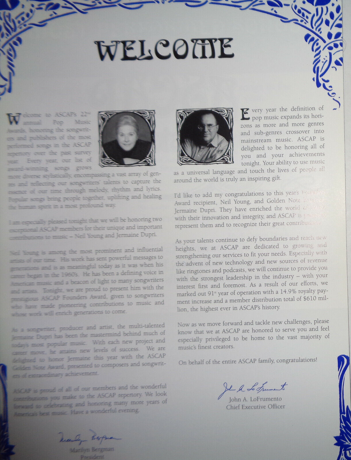 ASCAP Pop Music Awards 2005 Souvenir Program - Neil Young, Jermaine DuPri et al
