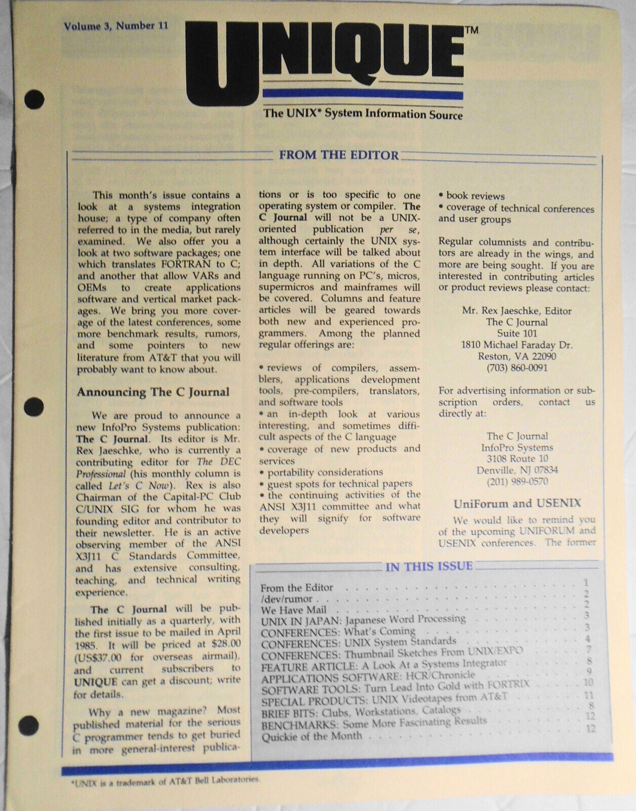 UNIQUE, Vol. 3, No. 11, 1985 - The UNIX System Information Source