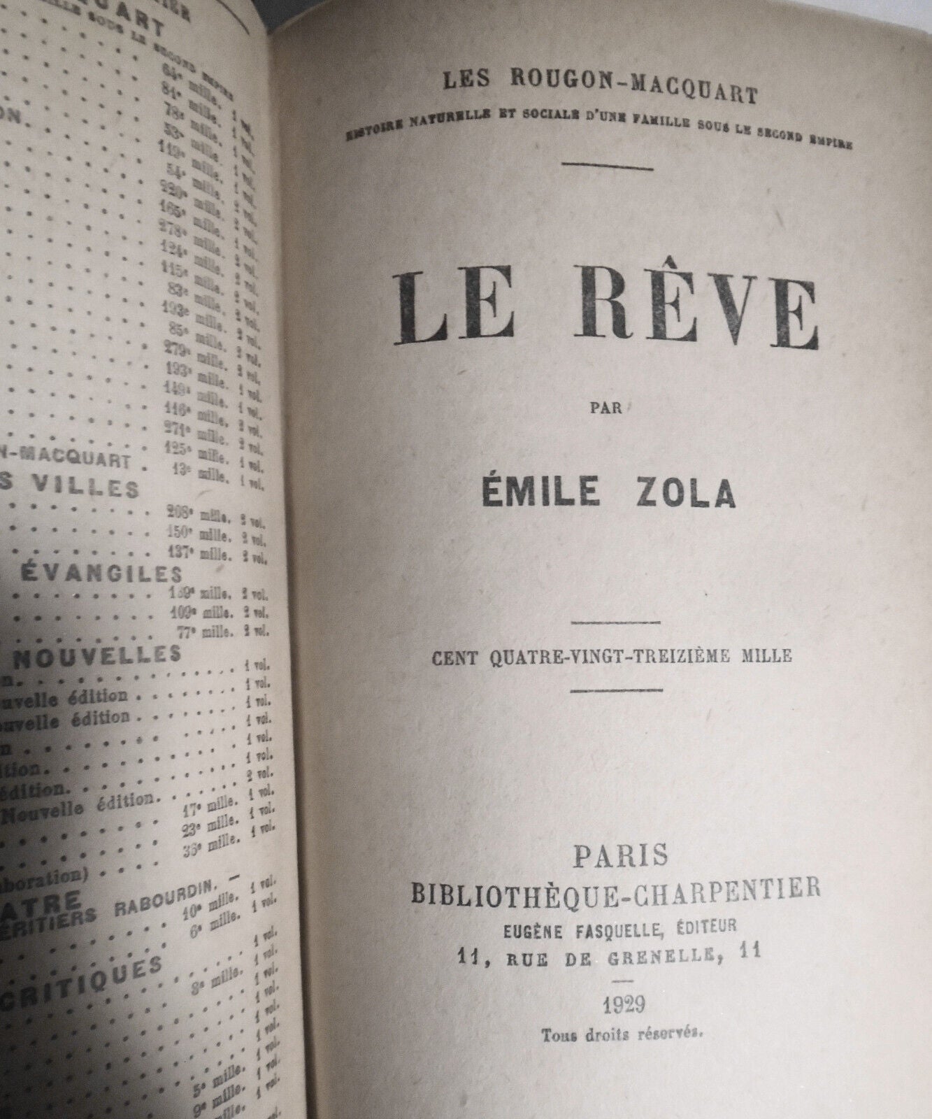 Le Reve, par Emile Zola, 1929. Charpentier, Paris.