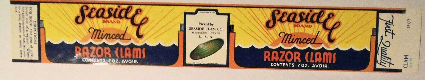 Seaside Brand, Minced Razor Clams. Can Label.