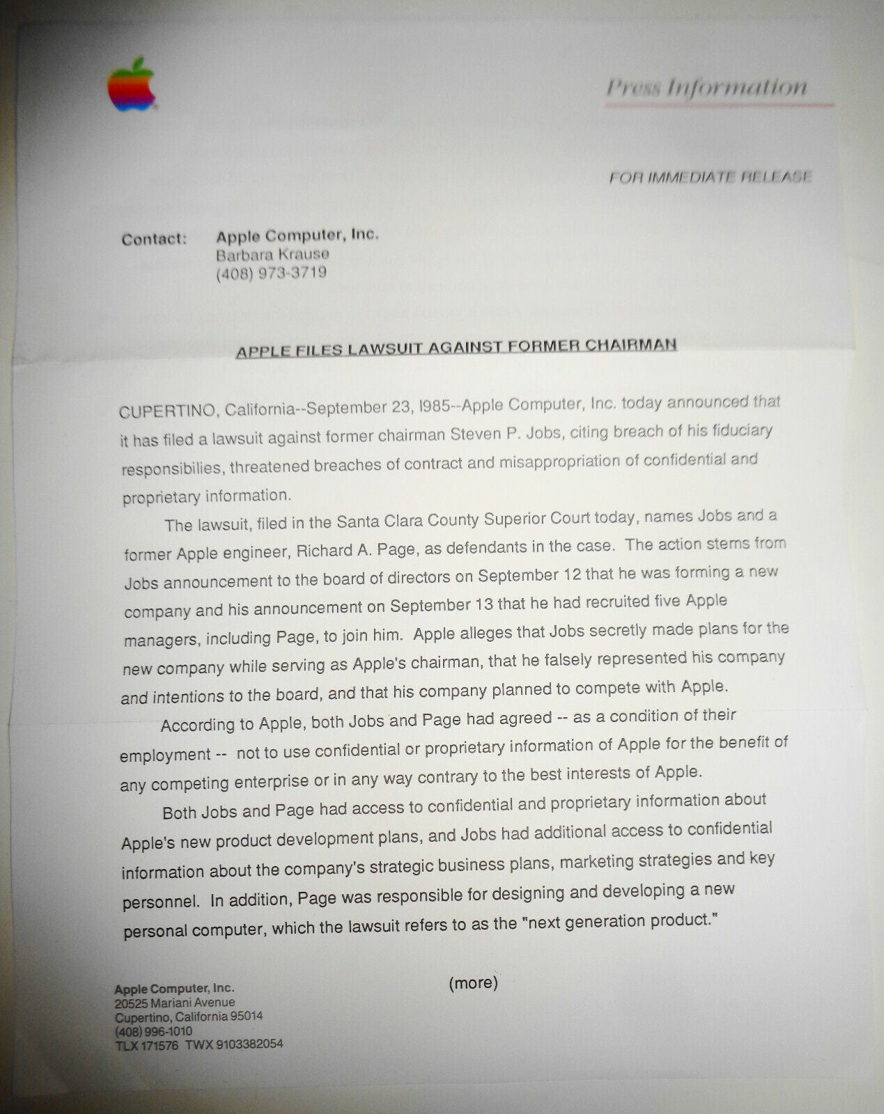 Apple Sues Steve Jobs To Stop Competing Company - Original Press Release 1985