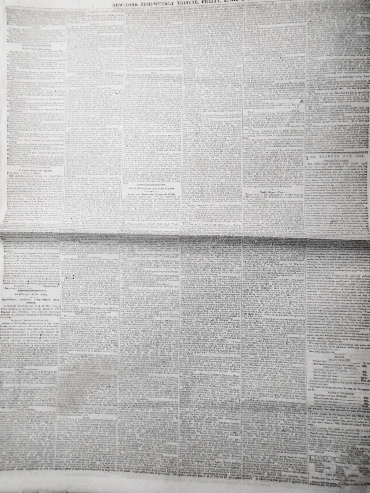 NEW YORK TRIBUNE, April 8, 1864 - Civil War; Irish on Slavery; Metropolitan Fair
