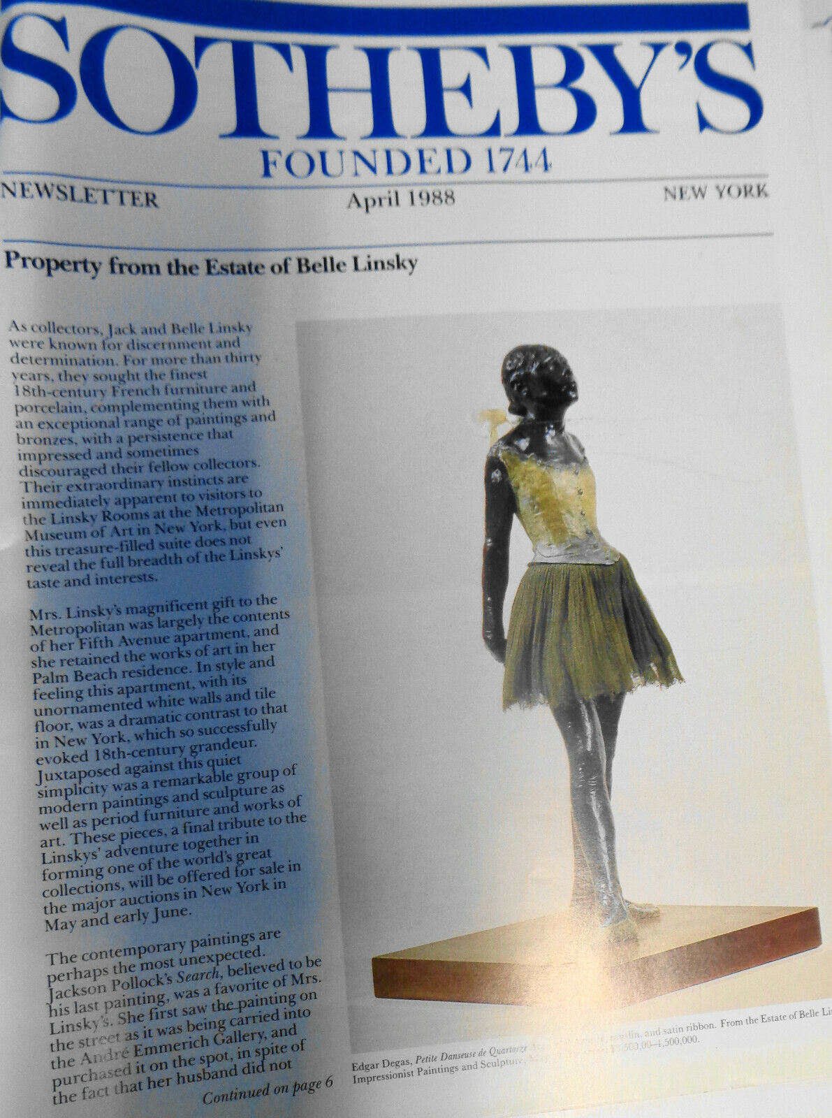 4 Sotheby's New York Newsletters, 1988 - 1991