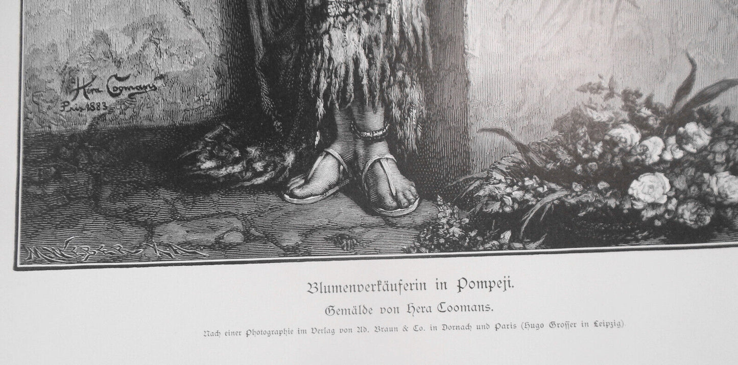 Blumenverkauferin in Pompeji, by Heva Coomans -- 1886 - Original antique print