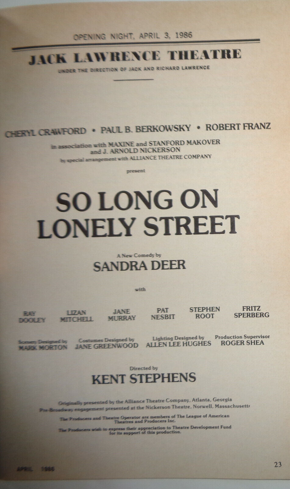SO LONG ON LONELY STREET - PLAYBILL - OPENING NIGHT, APRIL, 3, 1986