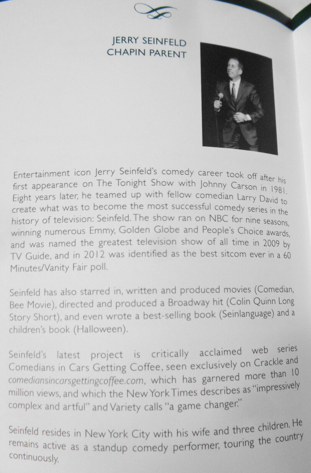 A Benefit Celebrating Chapin - featuring Jerry Seinfeld, Souvenir Program, 2014