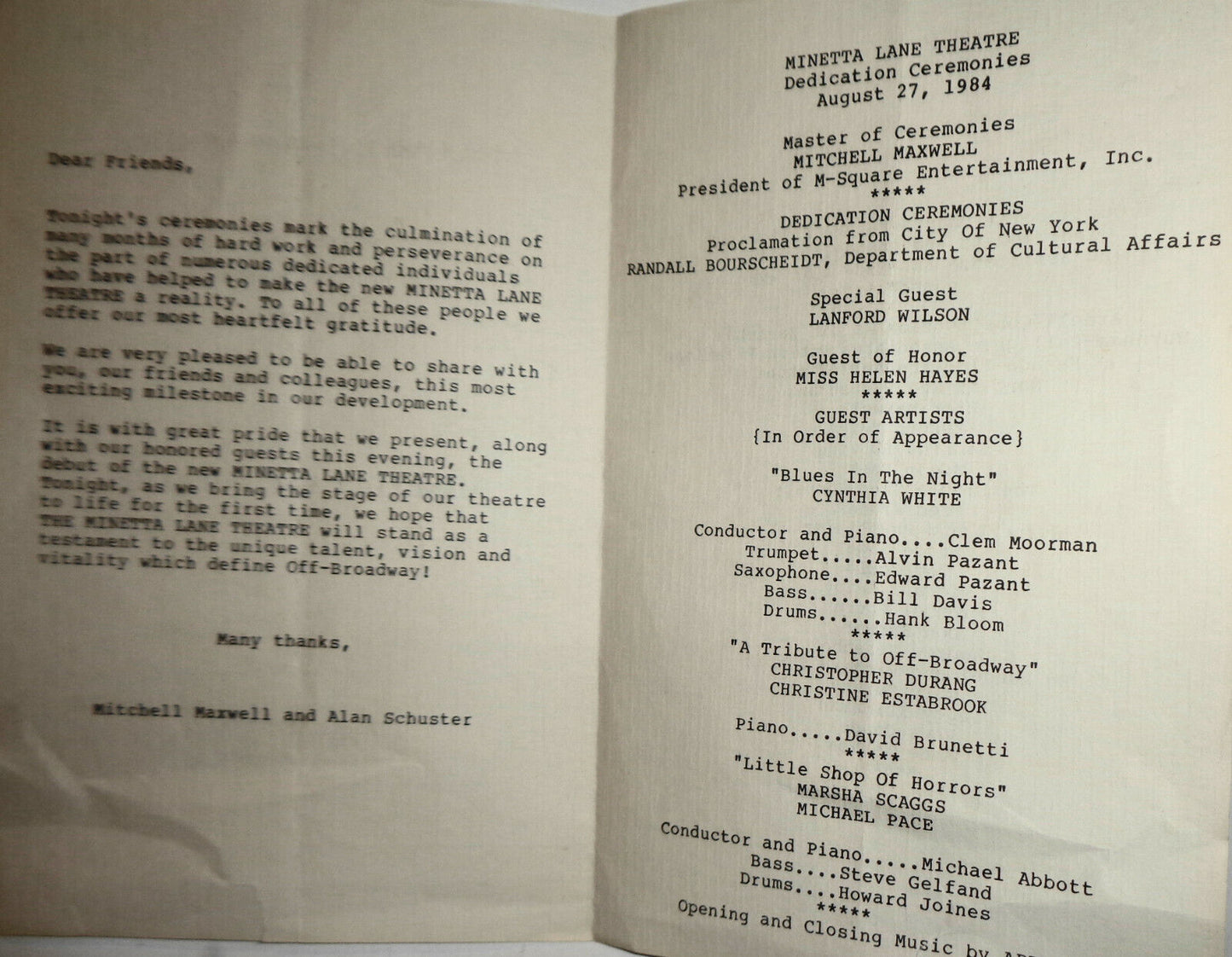 MINETTA LANE THEATRE DEDICATION CEREMONIES - PROGRAM - - AUGUST 27, 1984