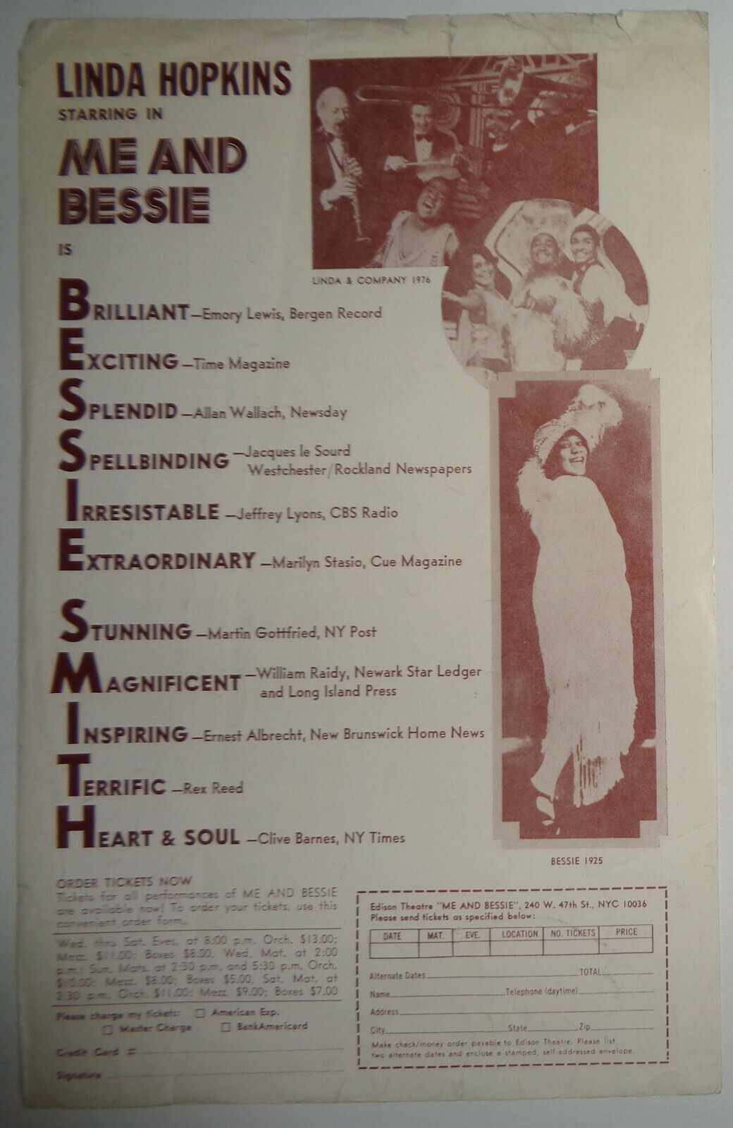 ME AND BESSIE - 1976 Flyer - Linda Hopkins as Bessie Smith - Edison Theatre, NYC