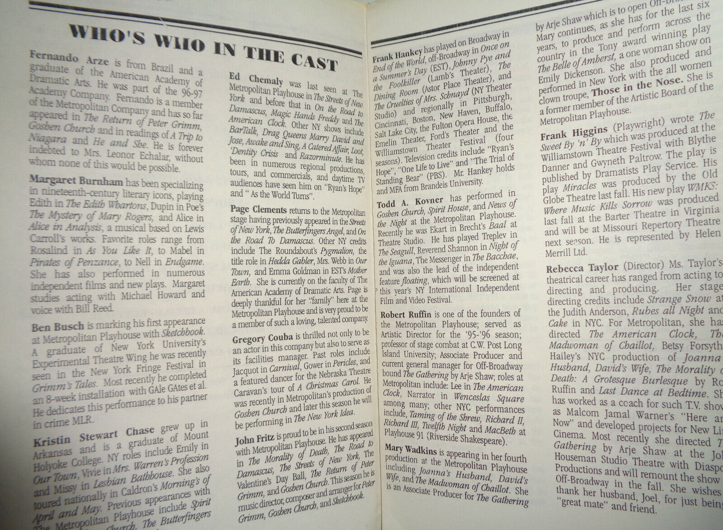 WASHINGTON IRVING'S SKETCHBOOK - PROGRAM - Metropolitan Playhouse, NYC 1998