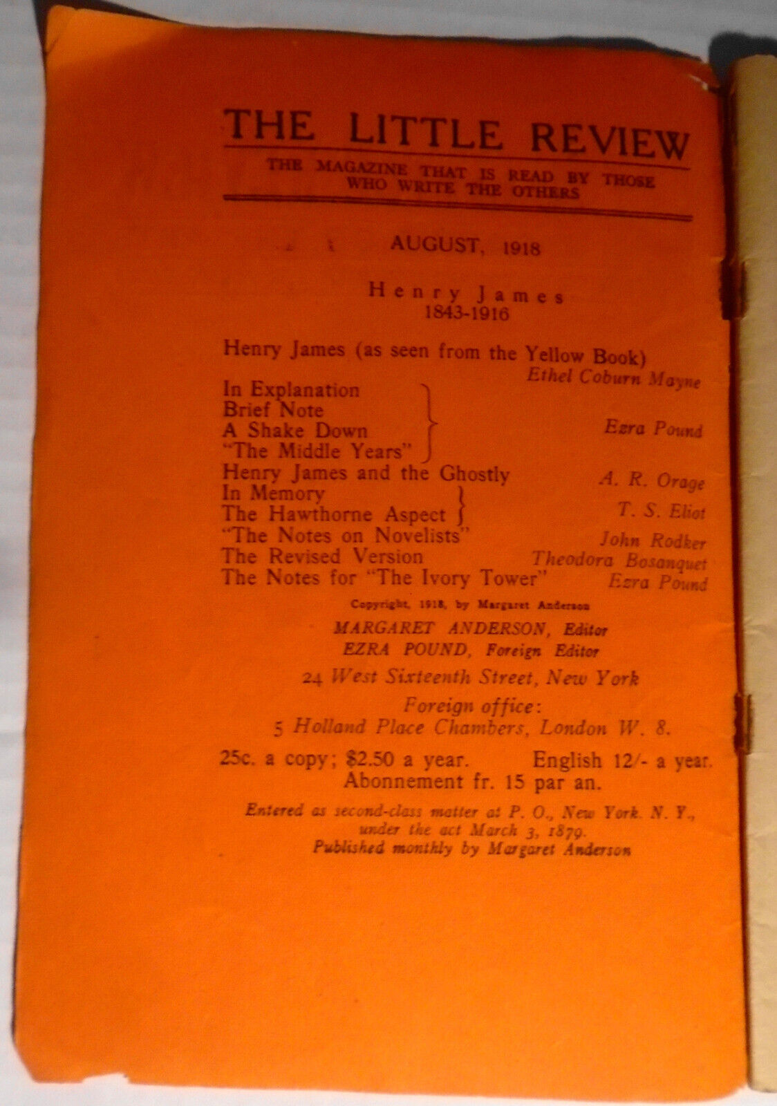 The Little Review, August 1918. Henry James Number, Ezra Pound, T. S. Eliot.